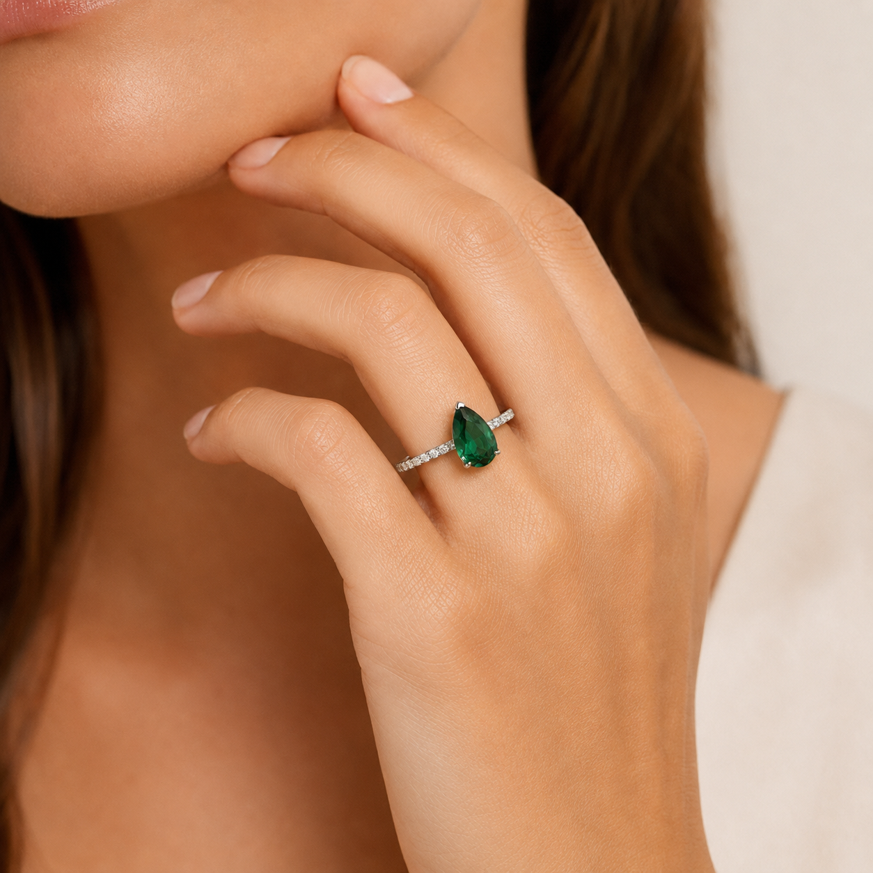 Ostry Pear-Cut Emerald and Diamond Pave Shoulder Ring