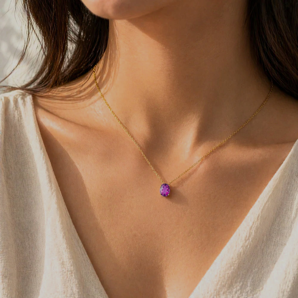 Ovo Purple Sapphire Oval Solitaire Pendant Necklace in Gold