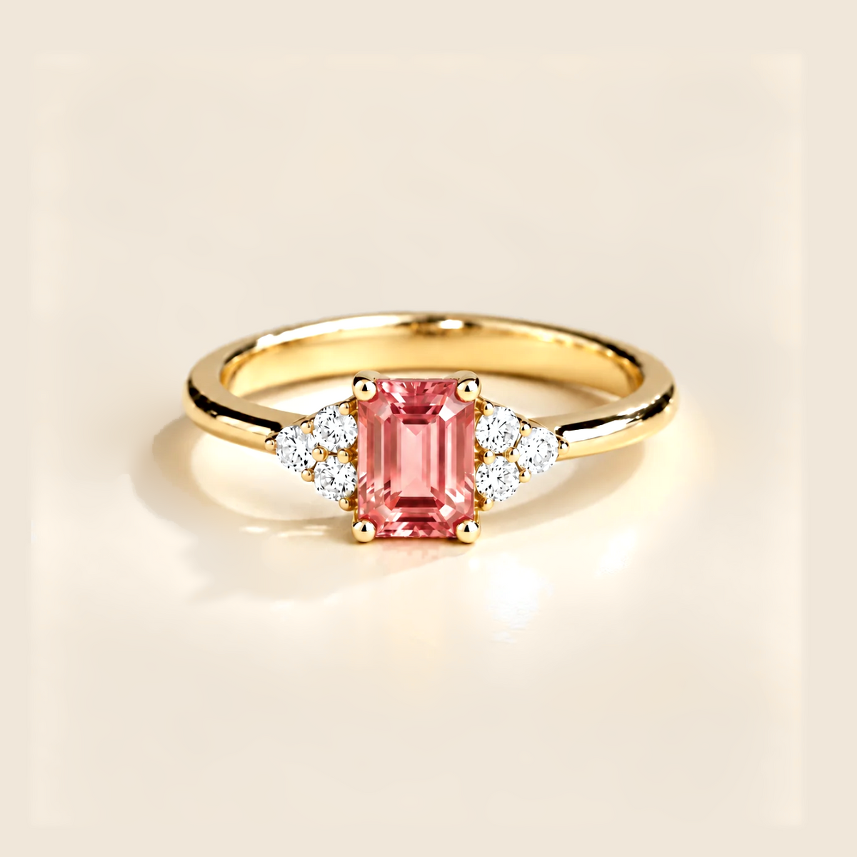 Chateau Padparadscha Sapphire Emerald-Cut & Diamond Ring in Gold