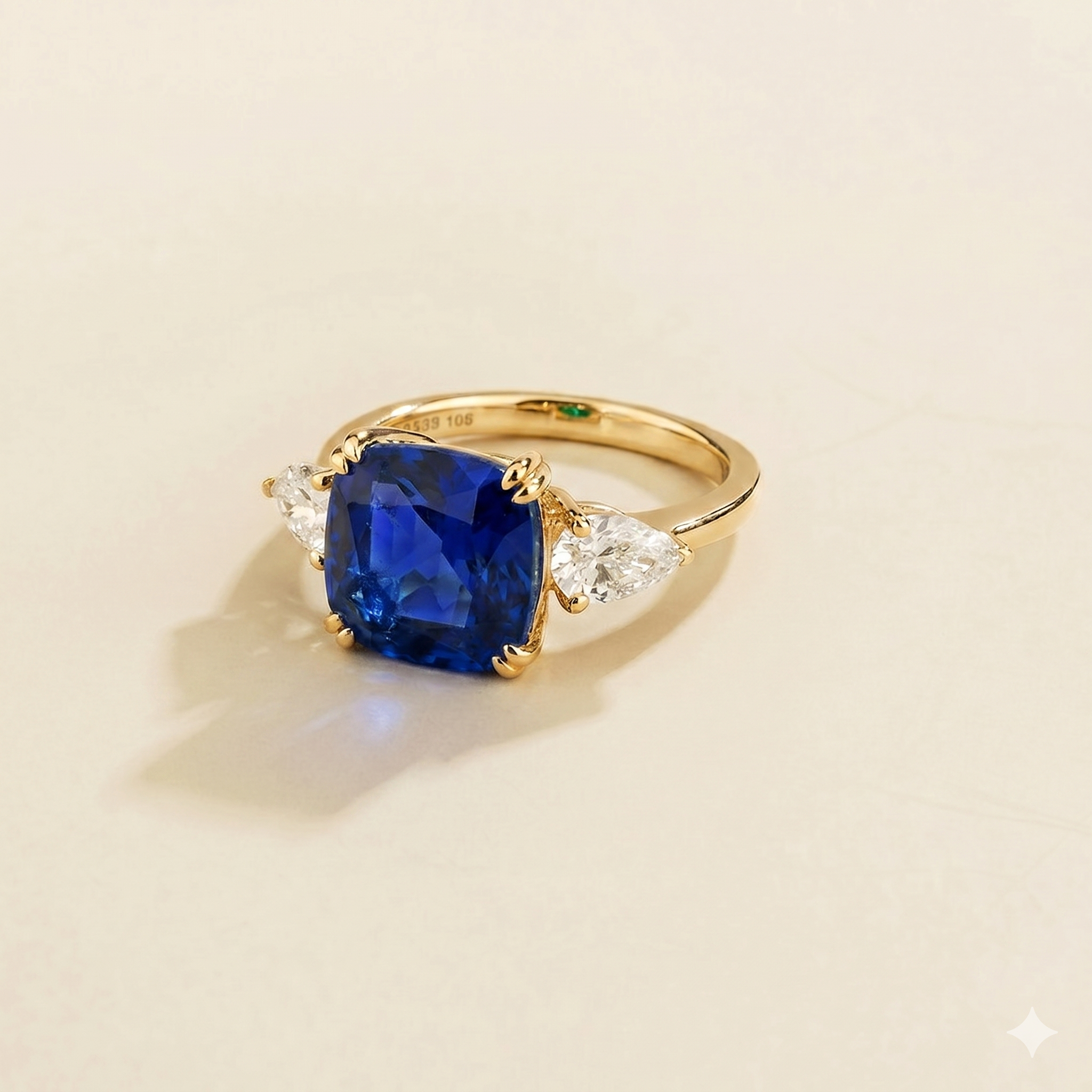 Pari Blue Sapphire Cushion Cut & Diamond Pear Cut Gold Ring