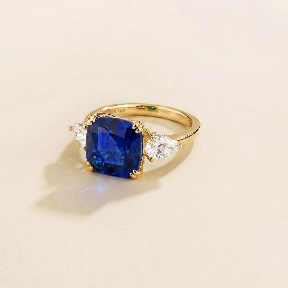 Pari Blue Sapphire Cushion Cut & Diamond Pear Cut Gold Ring