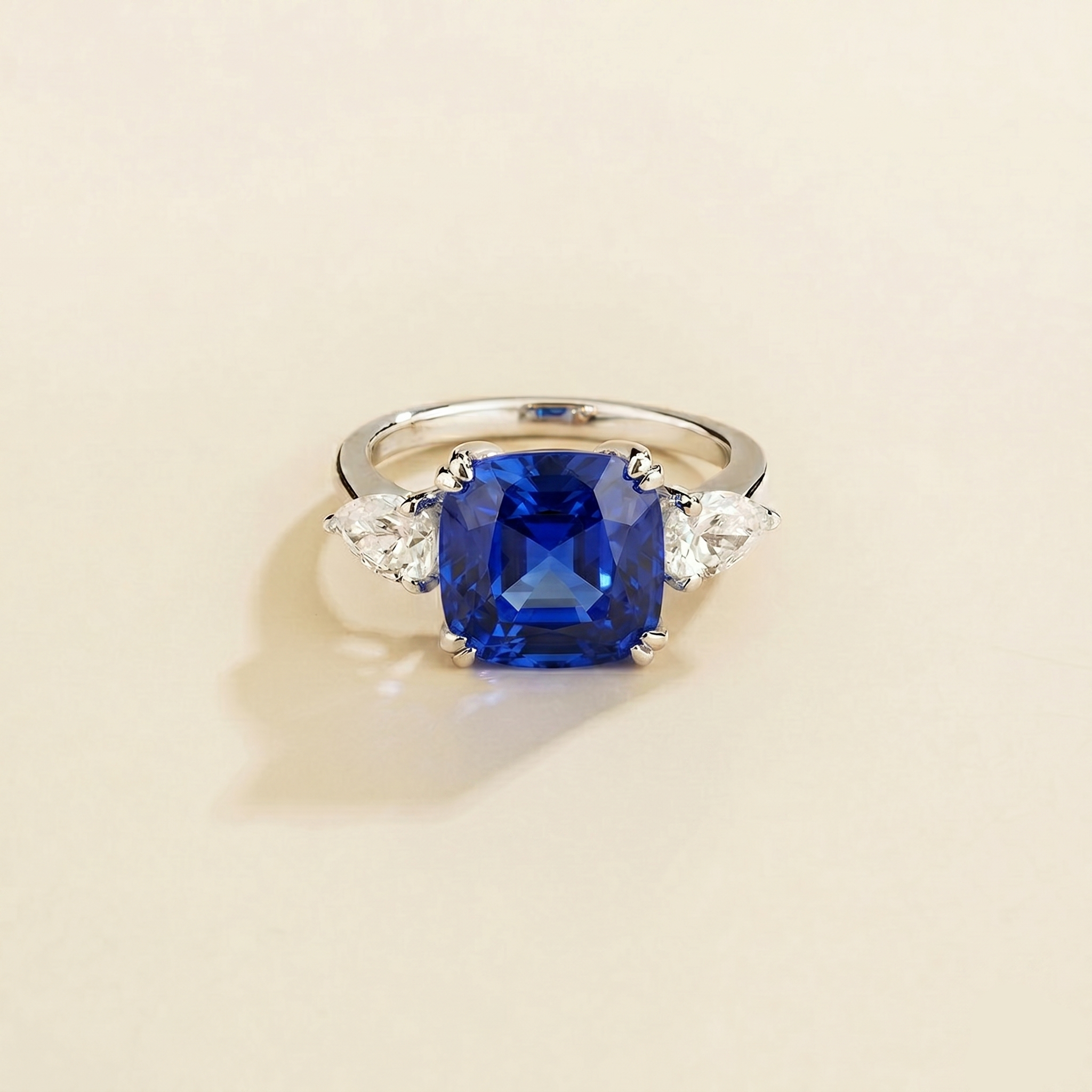 Pari Blue Sapphire Cushion Cut & Diamond Pear Cut White Gold Ring