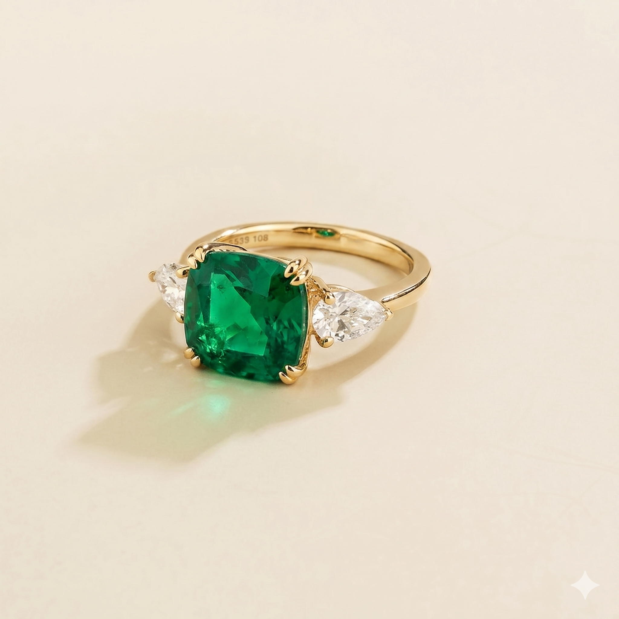 Pari Emerald Cushion Cut & Diamond Pear Cut Gold Ring