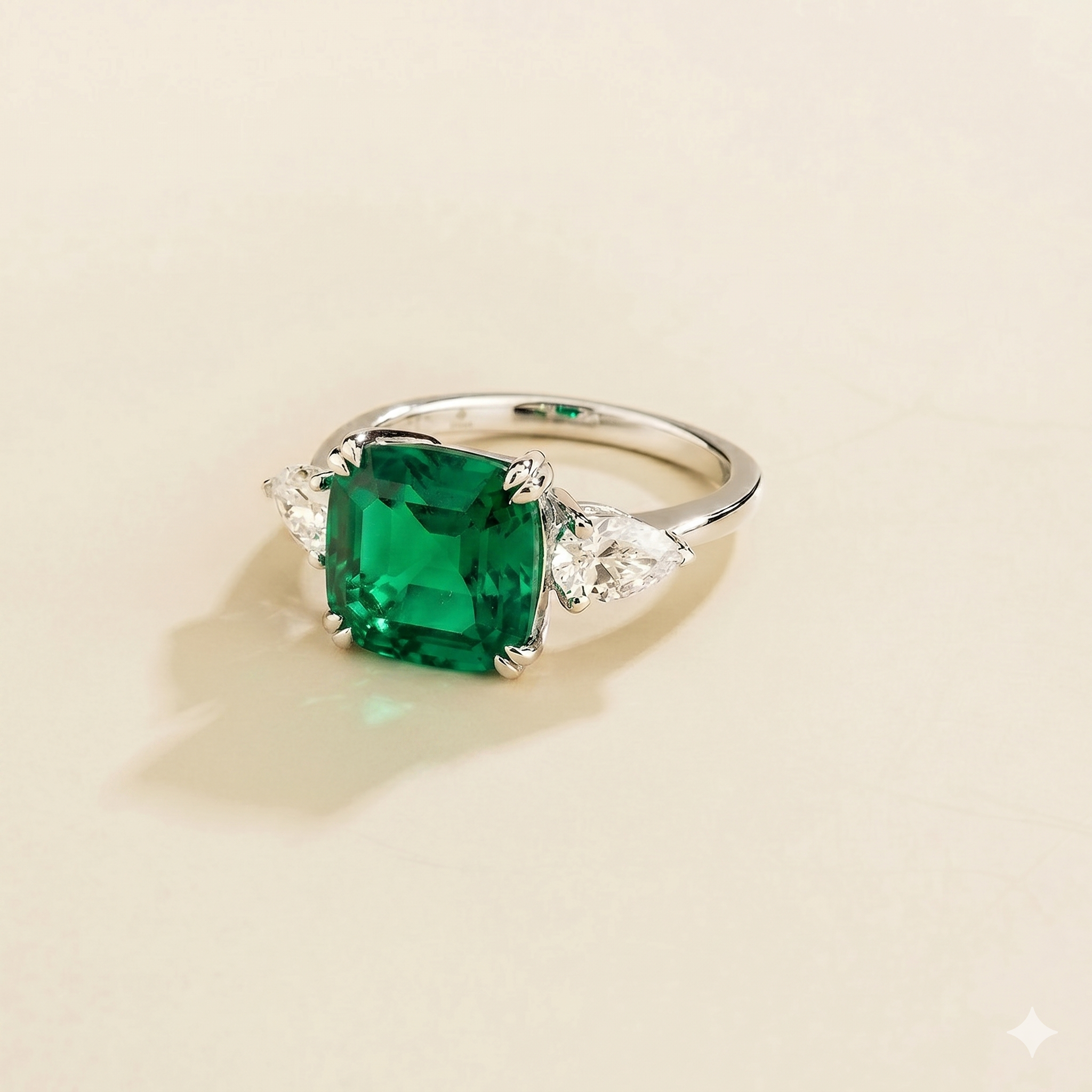 Pari Emerald Cushion Cut & Diamond Pear Cut White Gold Ring