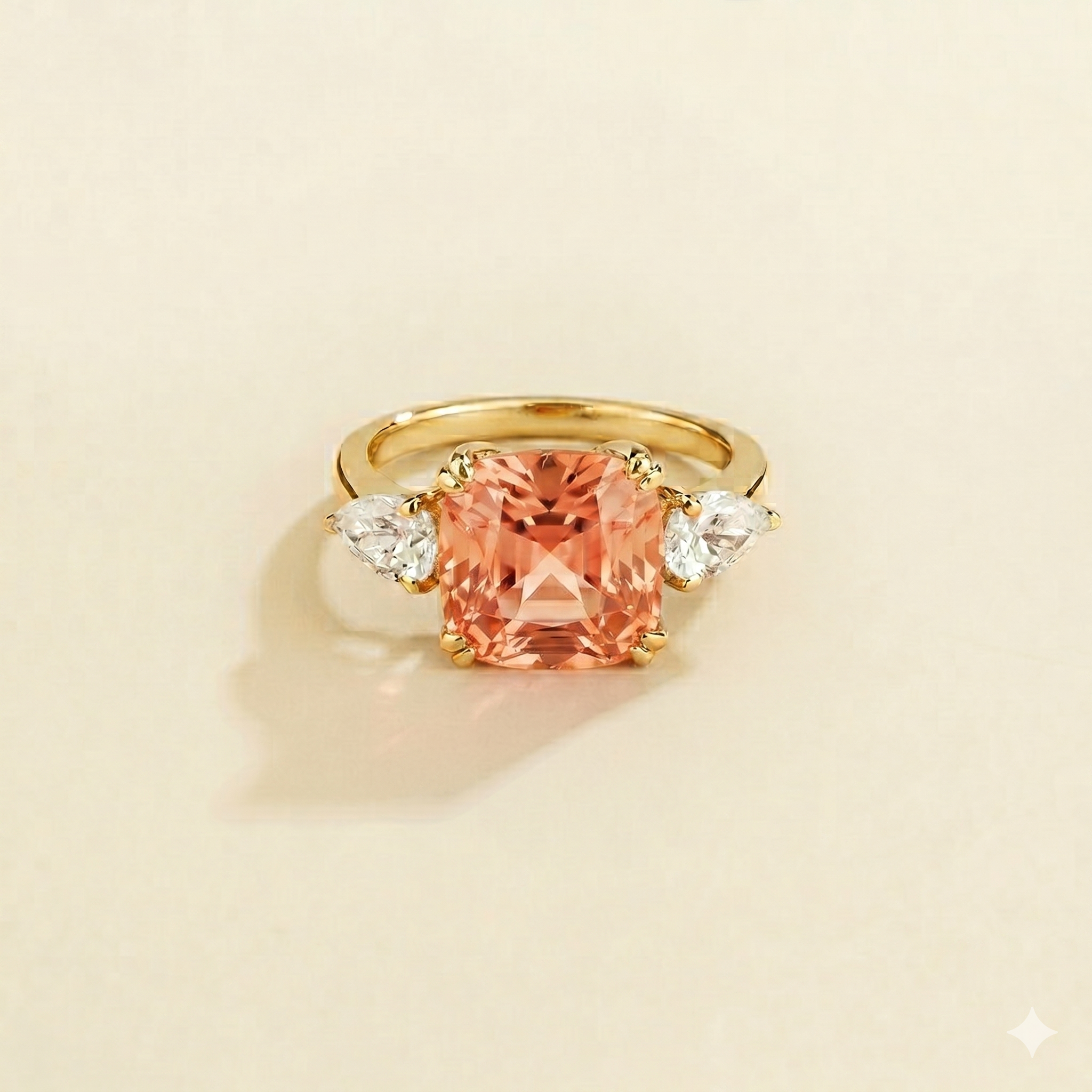 Pari Padparadscha Sapphire Cushion Cut & Diamond Pear Cut Gold Ring