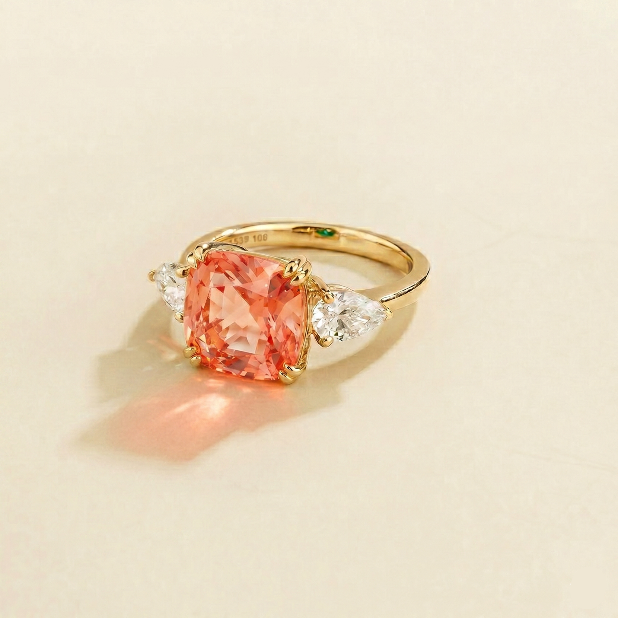 Pari Padparadscha Sapphire Cushion Cut & Diamond Pear Cut Gold Ring