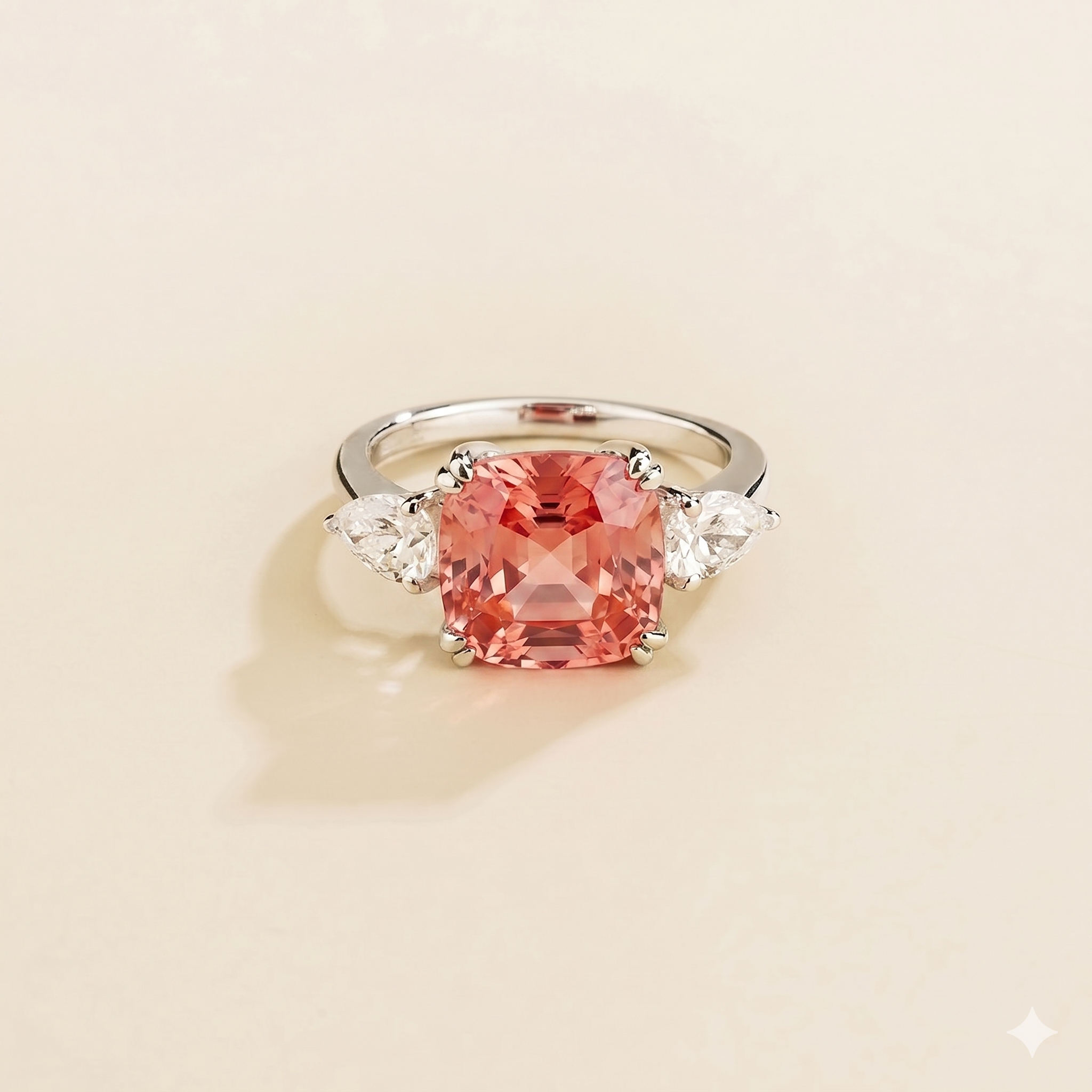 Pari Padparadscha Sapphire Cushion Cut & Diamond Pear Cut White Gold Ring