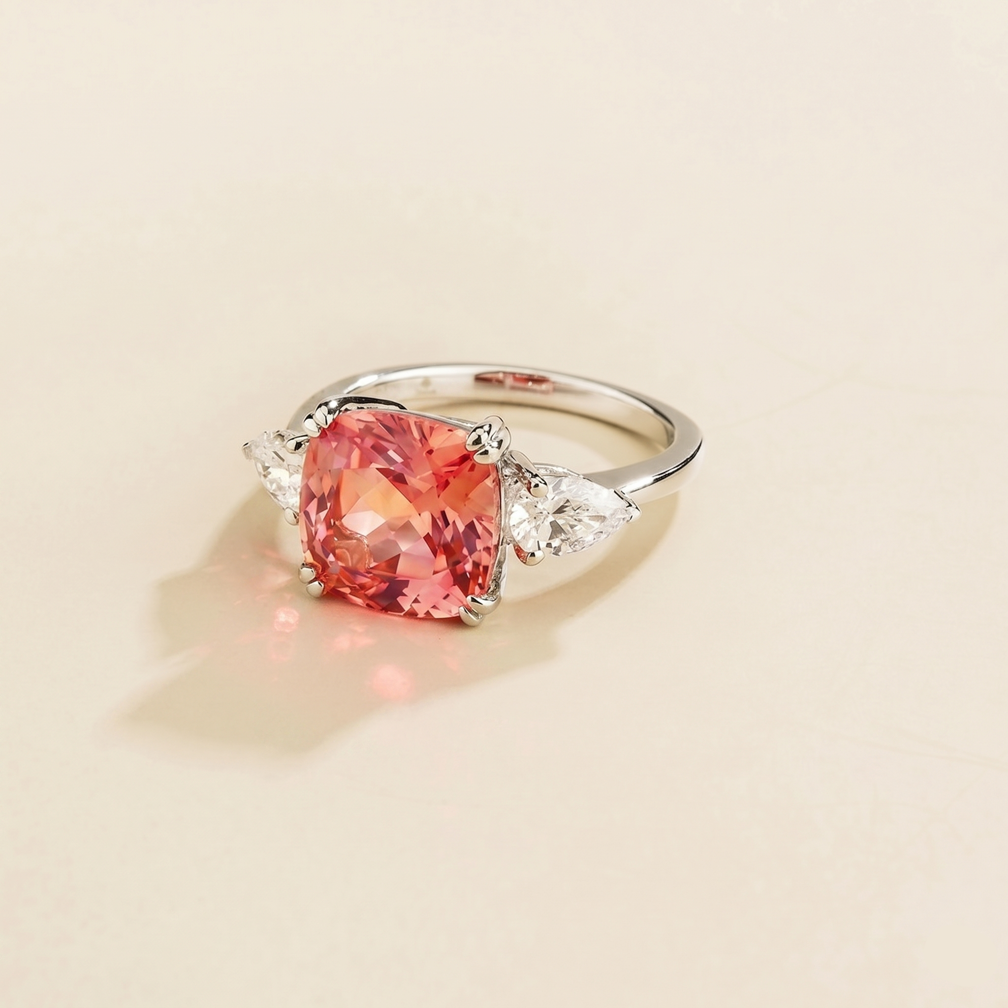 Pari Padparadscha Sapphire Cushion Cut & Diamond Pear Cut White Gold Ring