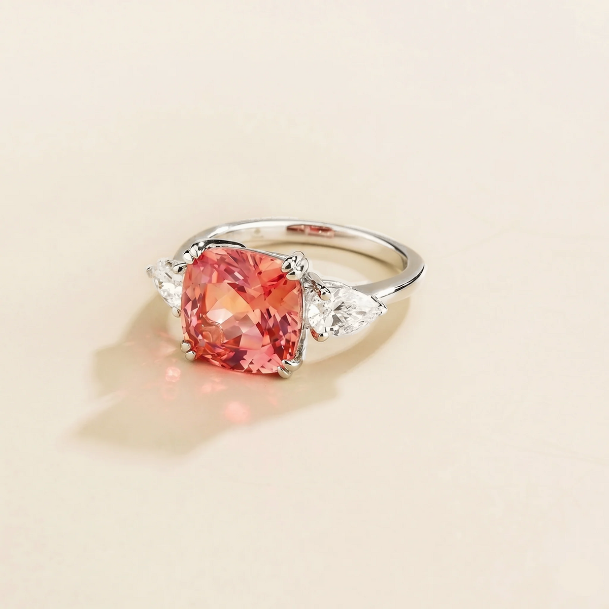 Roue Padparadscha Sapphire Cushion Cut & Diamond Pear Cut White Gold Ring