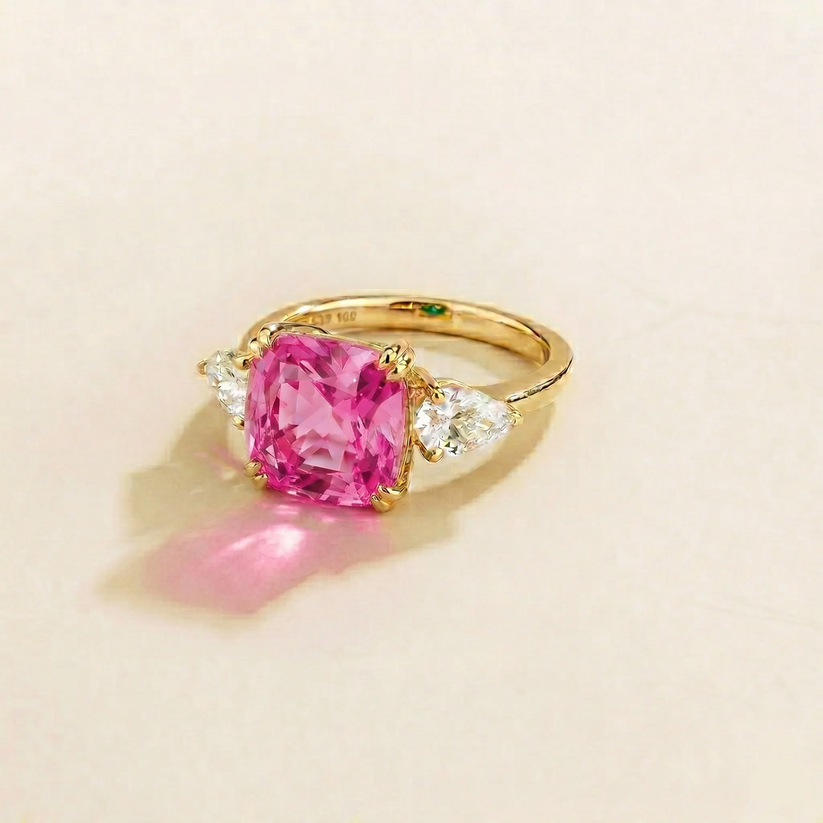 Roue Pink Sapphire Cushion Cut & Diamond Pear Cut Gold Ring