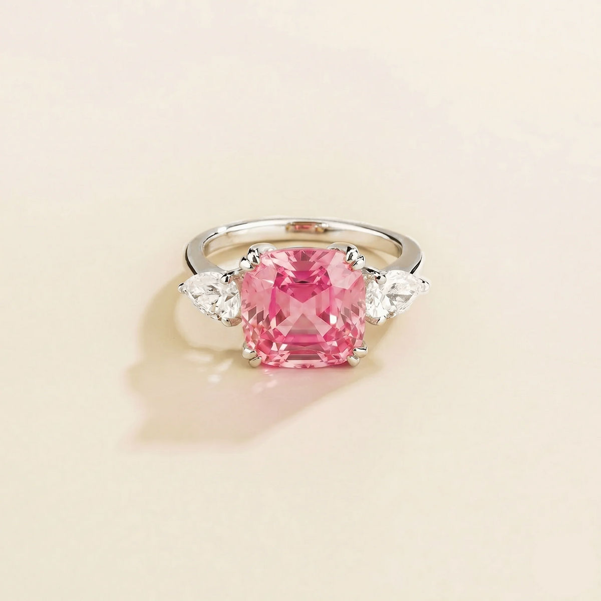 Roue Pink Sapphire Cushion Cut & Diamond Pear Cut White Gold Ring