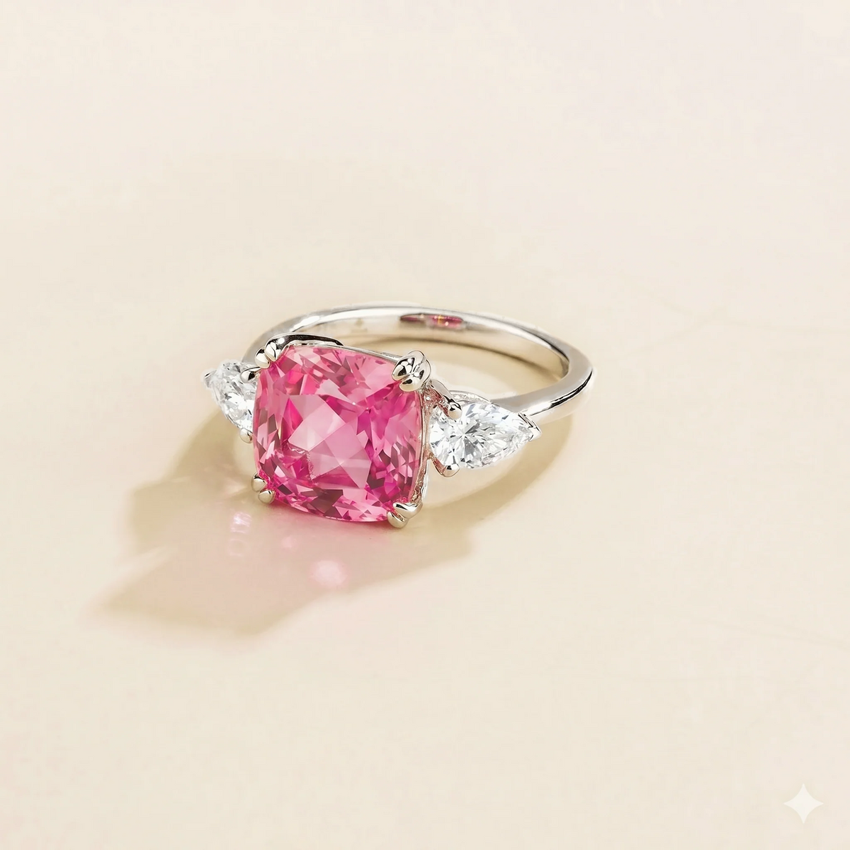Roue Pink Sapphire Cushion Cut & Diamond Pear Cut White Gold Ring