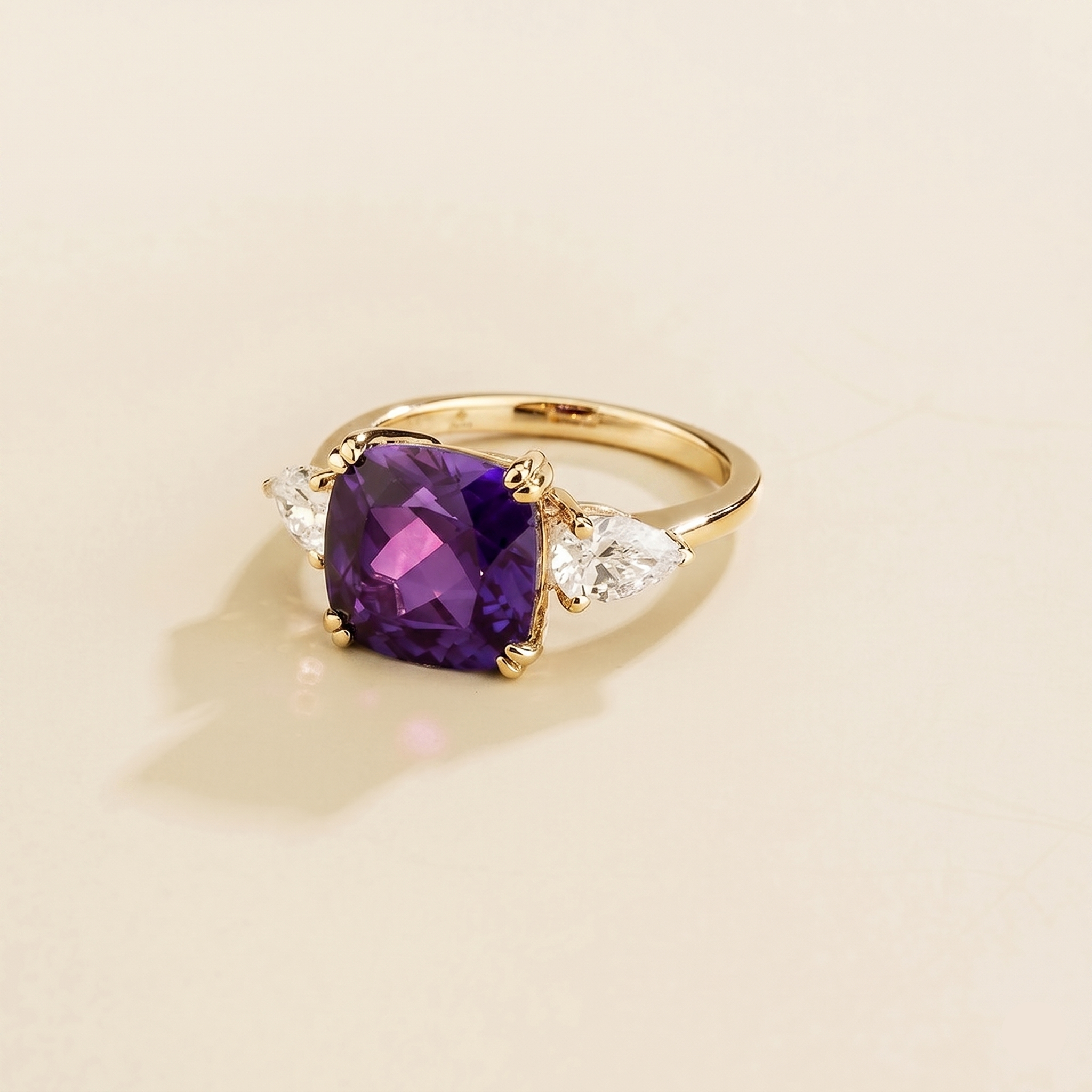 Pari Purple Sapphire Cushion Cut & Diamond Pear Cut Gold Ring