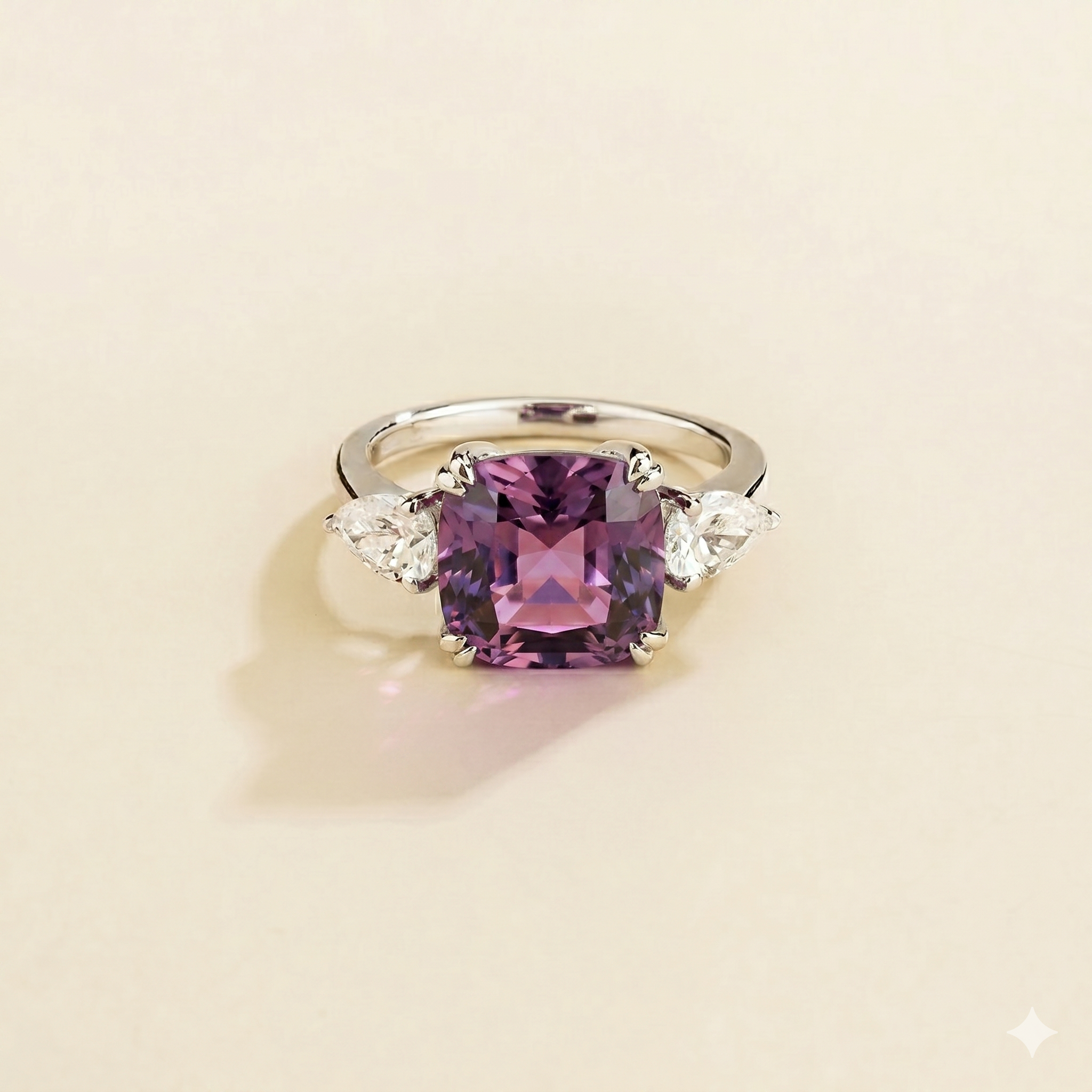 Pari Purple Sapphire Cushion Cut & Diamond Pear Cut White Gold Ring