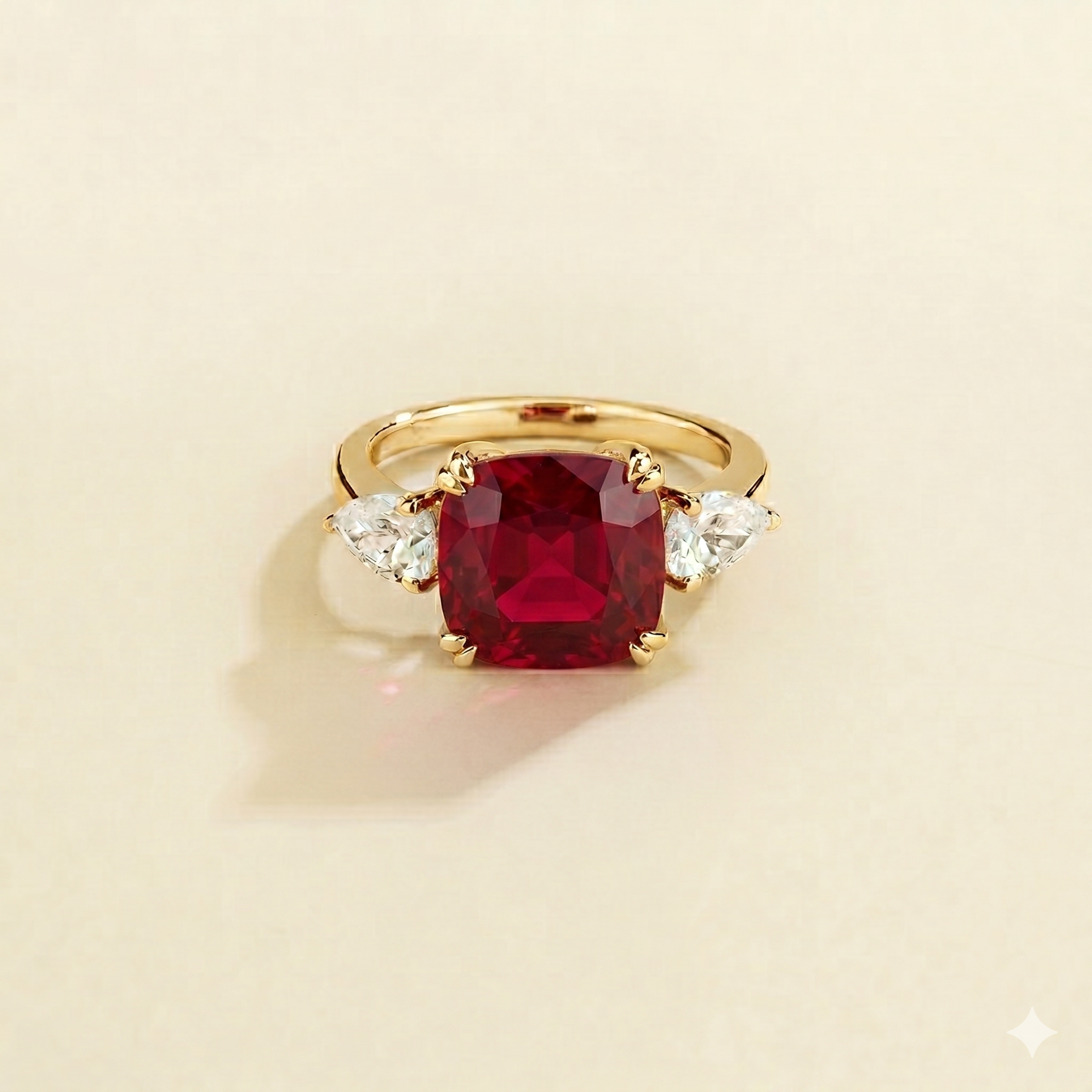Pari Ruby Cushion Cut & Diamond Pear Cut Gold Ring