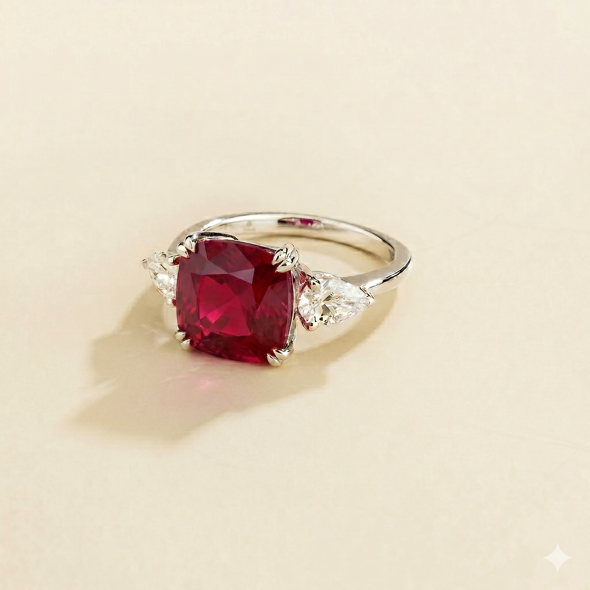 Pari Ruby Cushion Cut & Diamond Pear Cut Gold White Ring