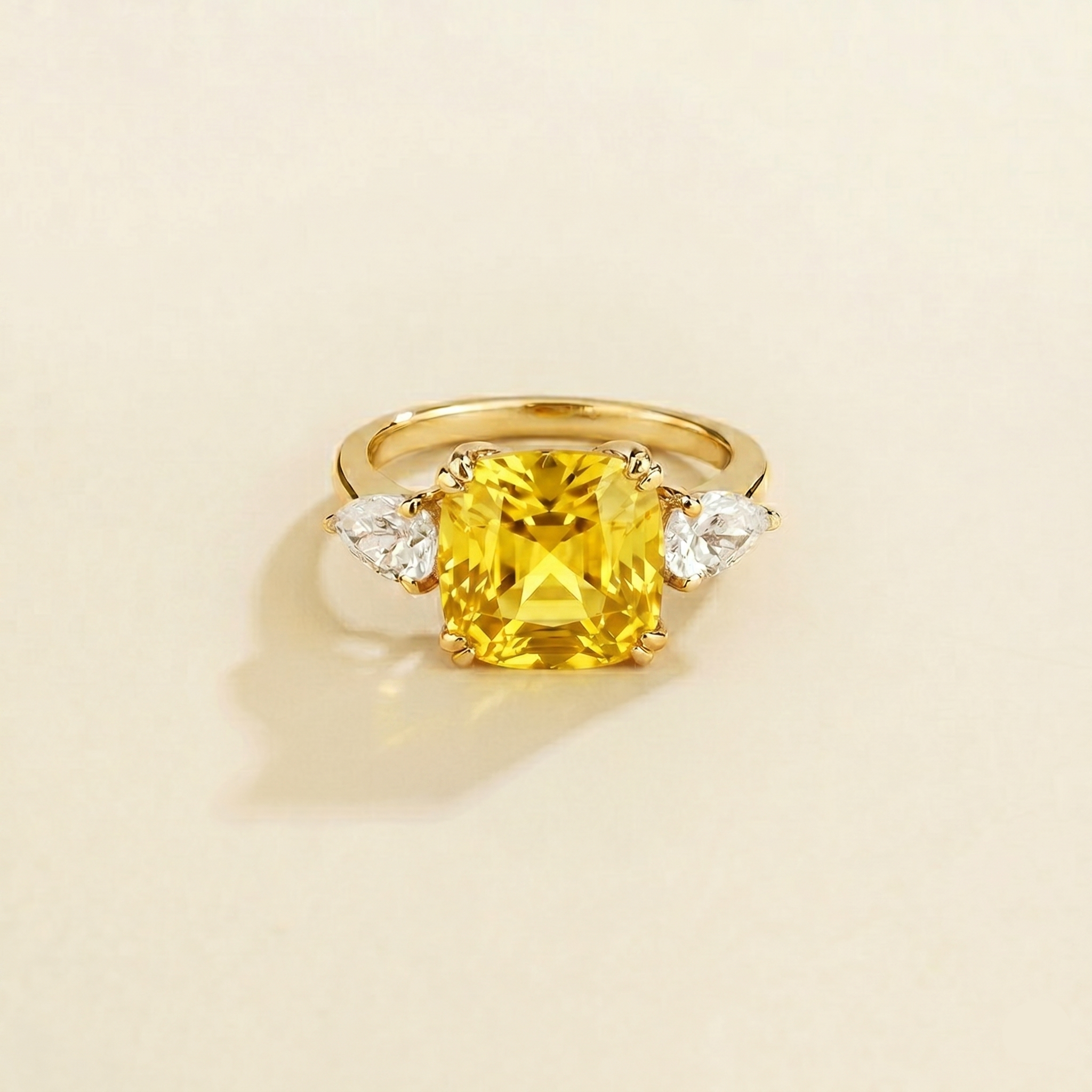 Cushion-cut lab-grown yellow sapphire with pear-cut diamonds, Roue ring in gold | Juvetti London