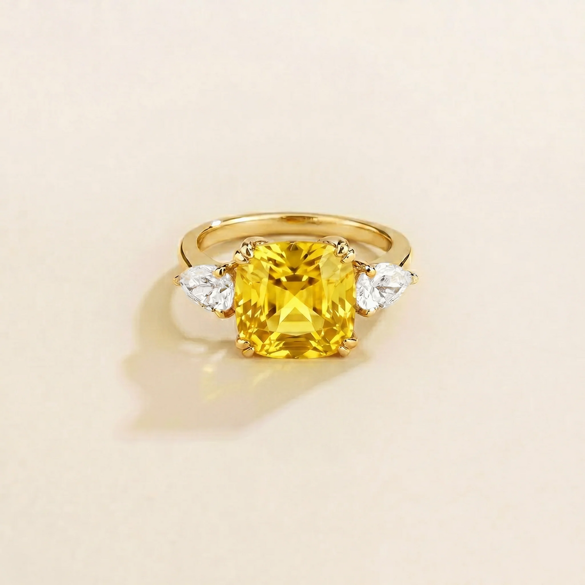 Cushion-Cut Yellow Sapphire & Pear-Cut Diamond Ring in Gold