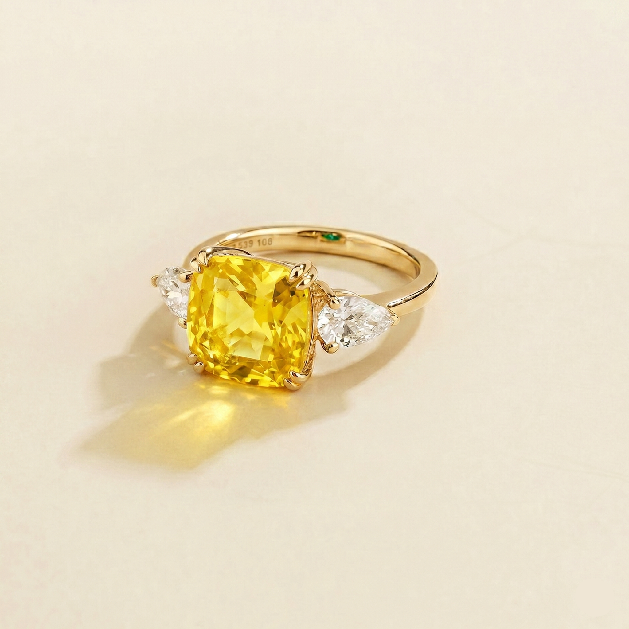 Pari Yellow Sapphire Cushion Cut & Diamond Pear Cut Gold Ring