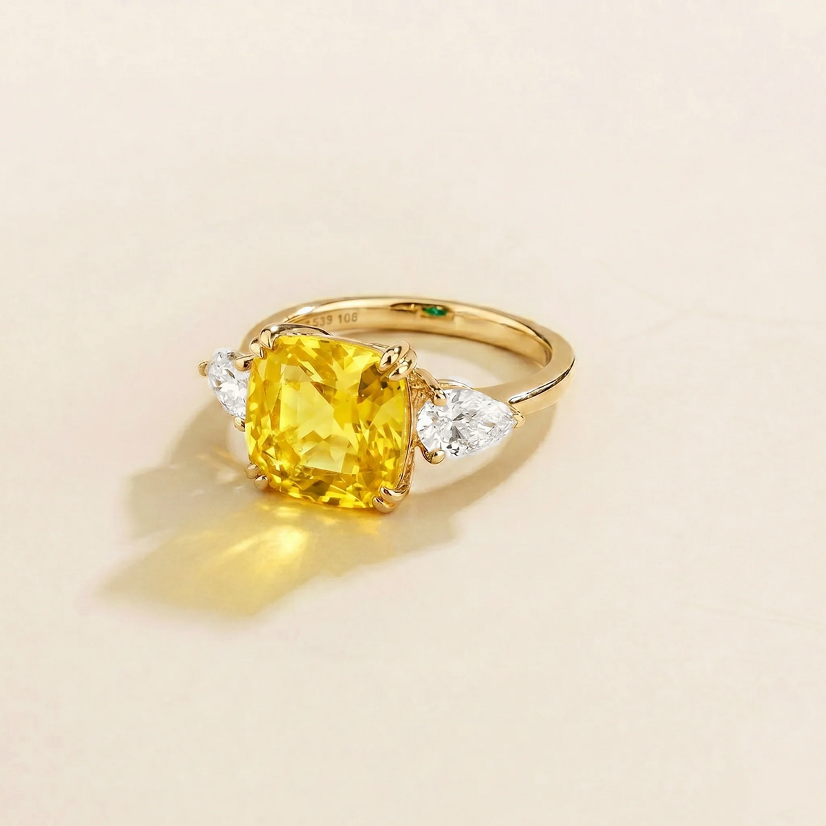 Roue Yellow Sapphire Cushion Cut & Diamond Pear Cut Gold Ring