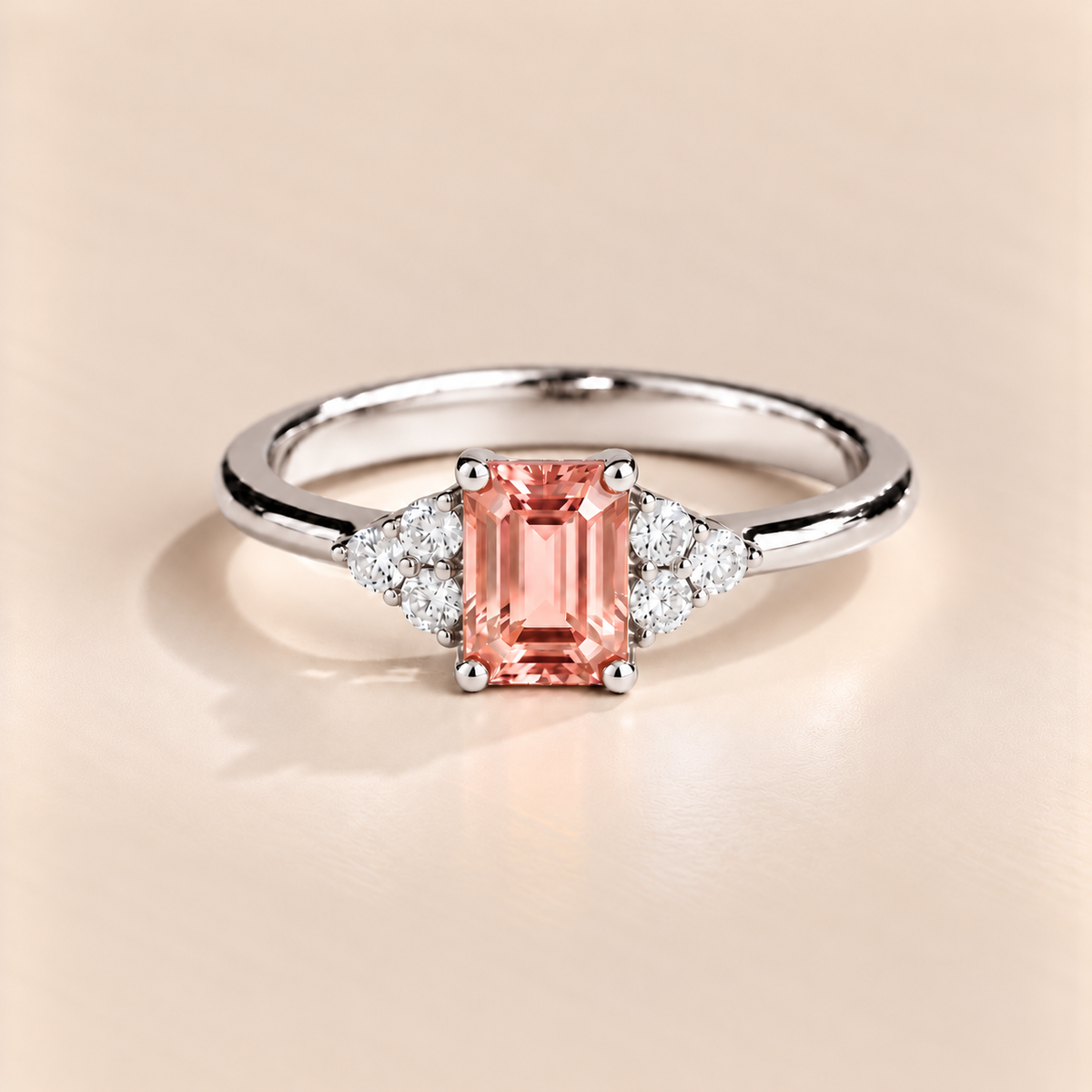 Chateau Padparadscha Sapphire Emerald-Cut & Diamond Ring in White Gold