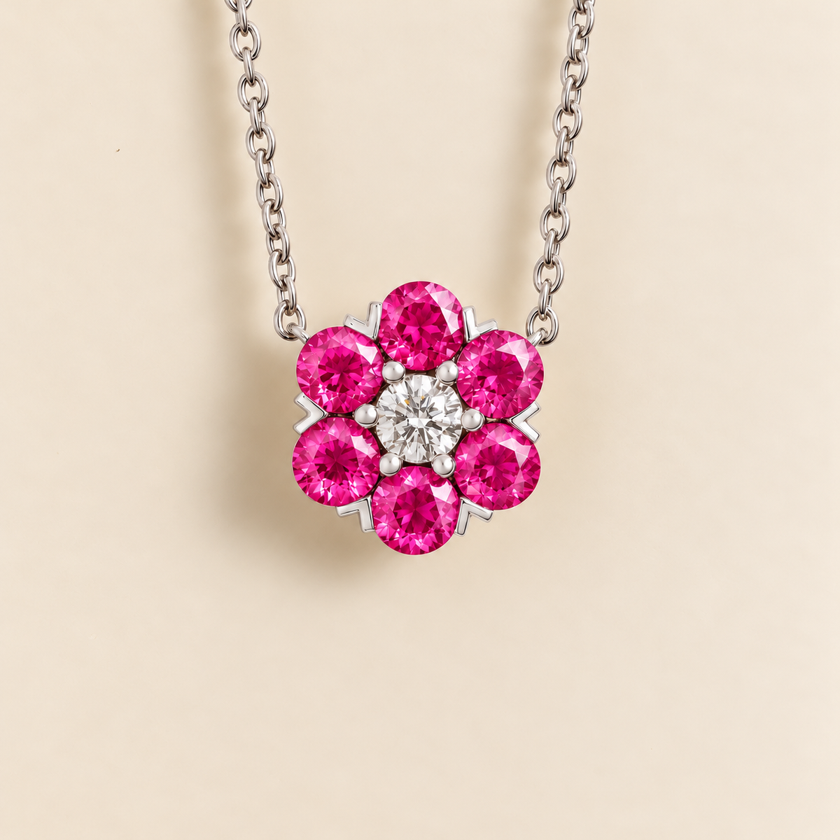 Cinq Pink Sapphire & Diamond Flower Pendant Necklace in White Gold
