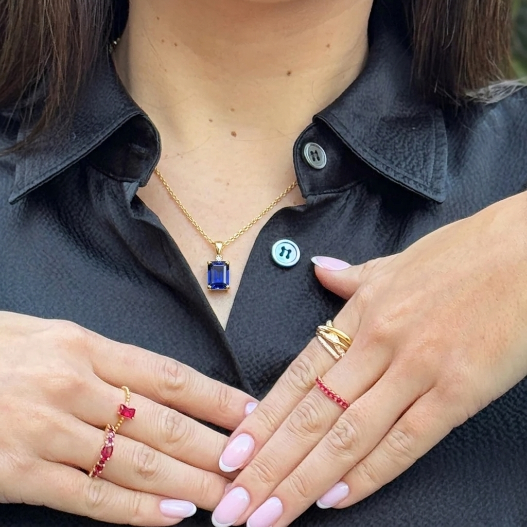 Thamani Blue Sapphire Emerald-Cut Solitaire Pendant Necklace in Gold