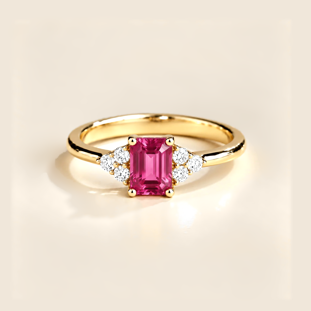 Chateau Pink Sapphire Emerald-Cut & Diamond Ring in Gold Front view