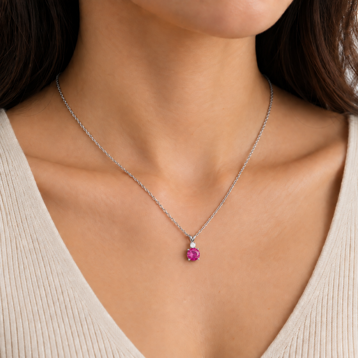 Joie Round Vivid Pink Sapphire & Diamond Drop Pendant Necklace in White Gold