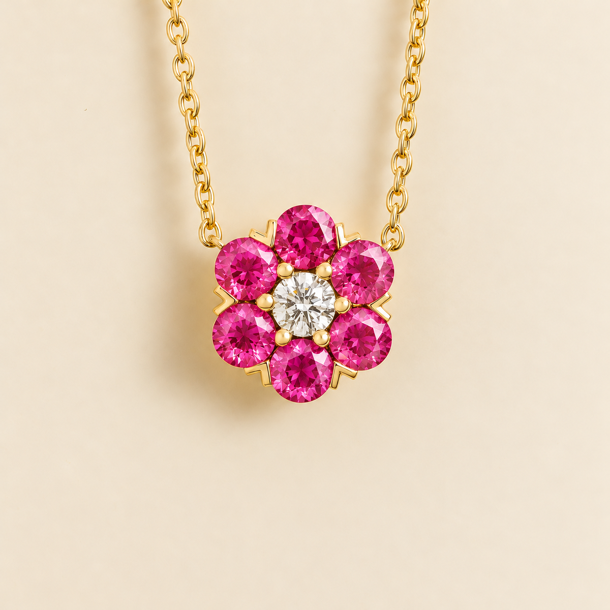 Cinq Vivid Pink Sapphire & Diamond Flower Pendant Necklace in Gold