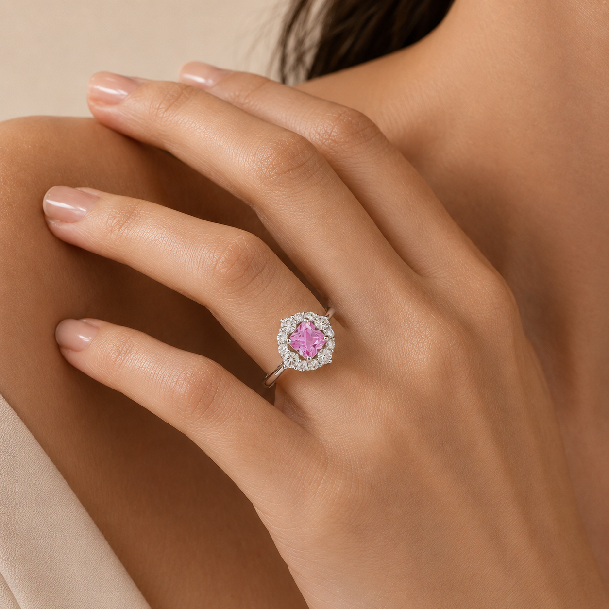 Tuli Aquamarine Cushion Cut & Diamond Halo Ring in Gold