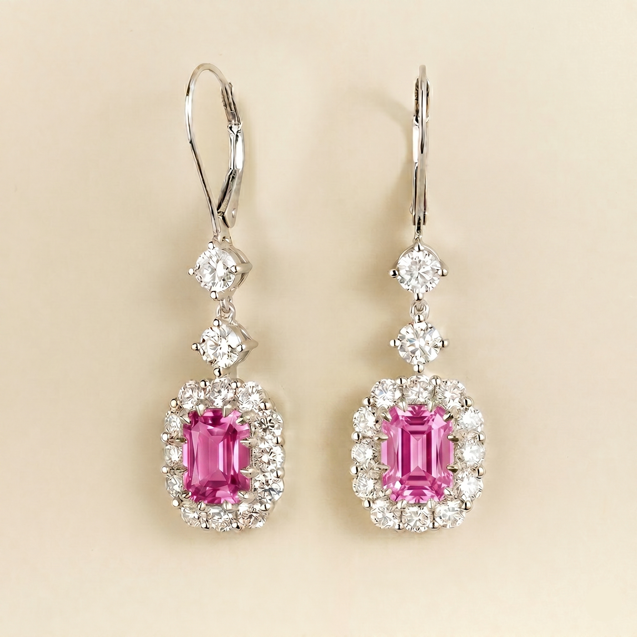 Pippa Emerald Cut Pink Sapphire & Diamond Halo Dangle Drop Earrings in White Gold