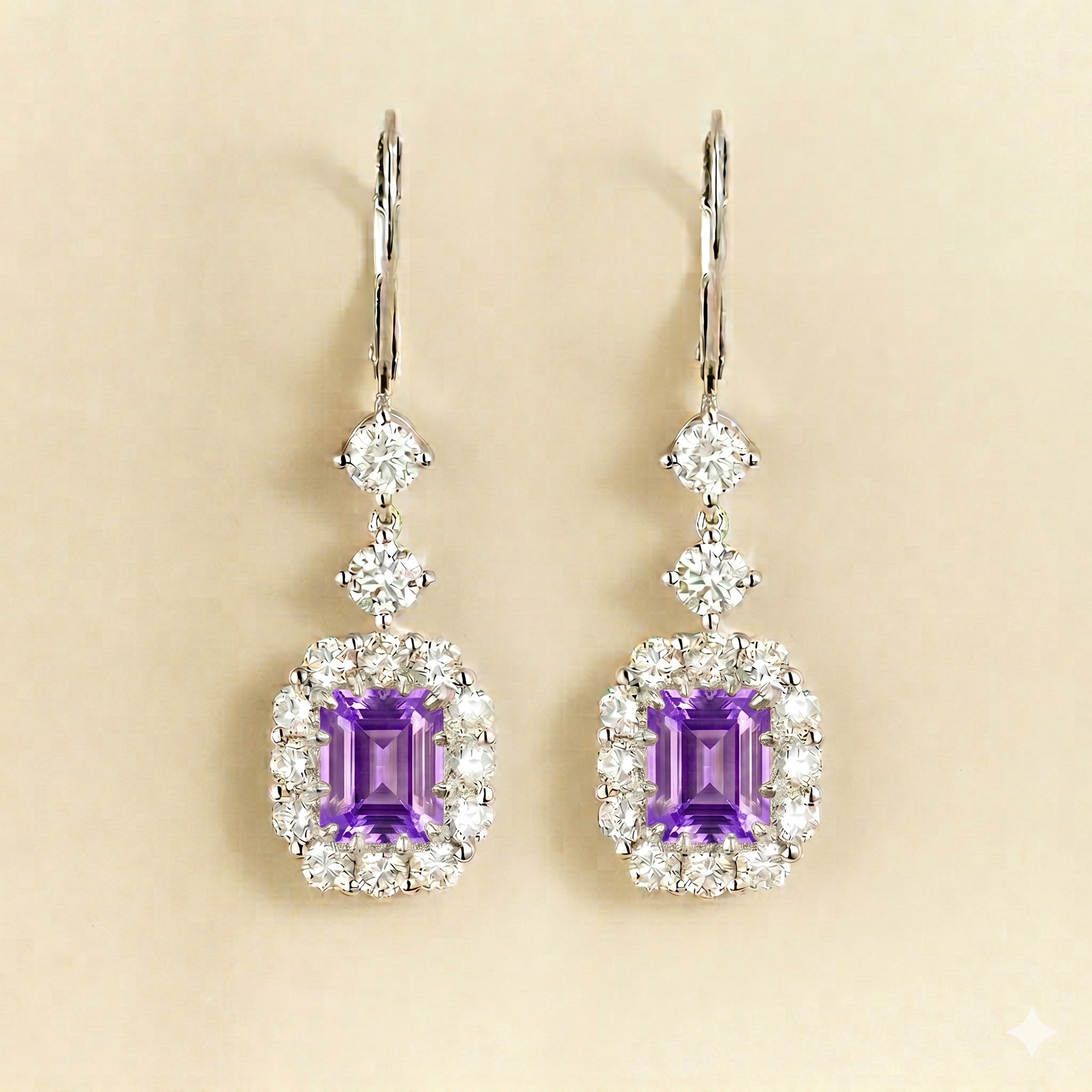 Pippa Emerald Cut Purple Sapphire & Diamond Halo Dangle Drop Earrings in White Gold