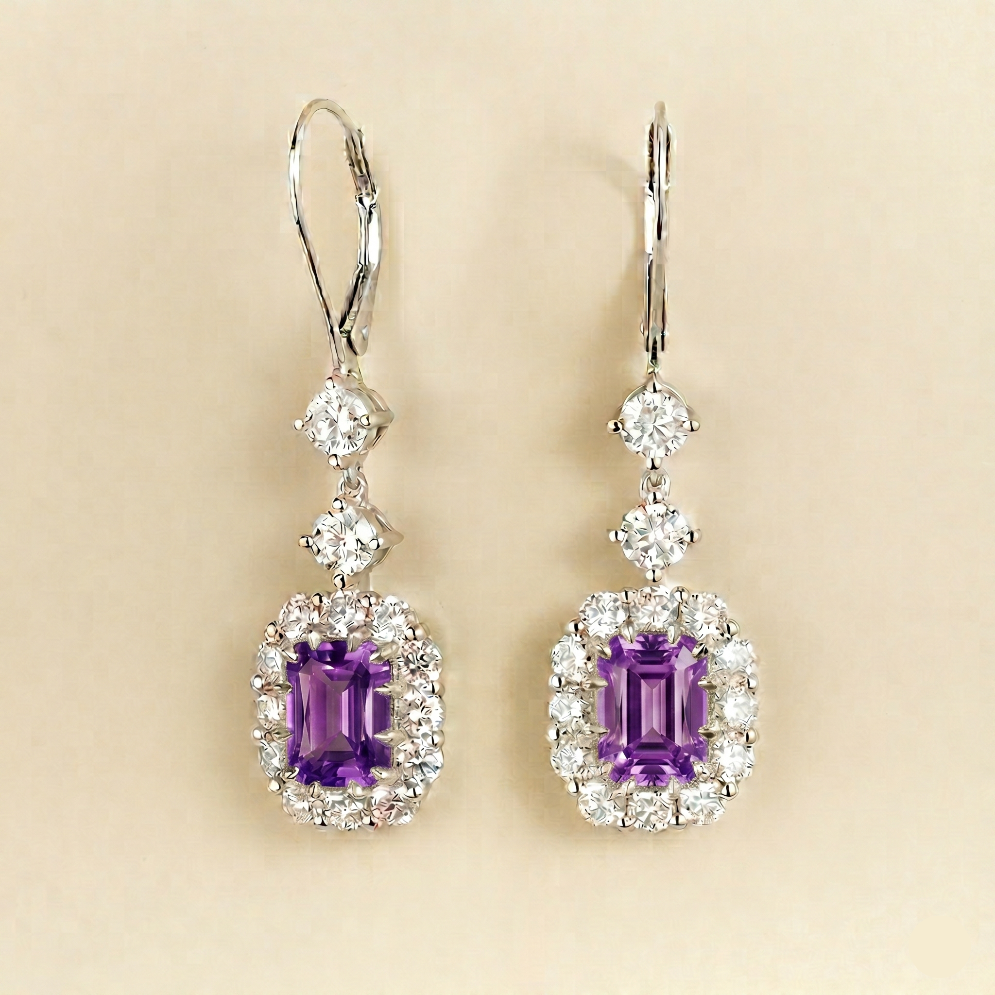 Pippa Emerald Cut Purple Sapphire & Diamond Halo Dangle Drop Earrings in White Gold