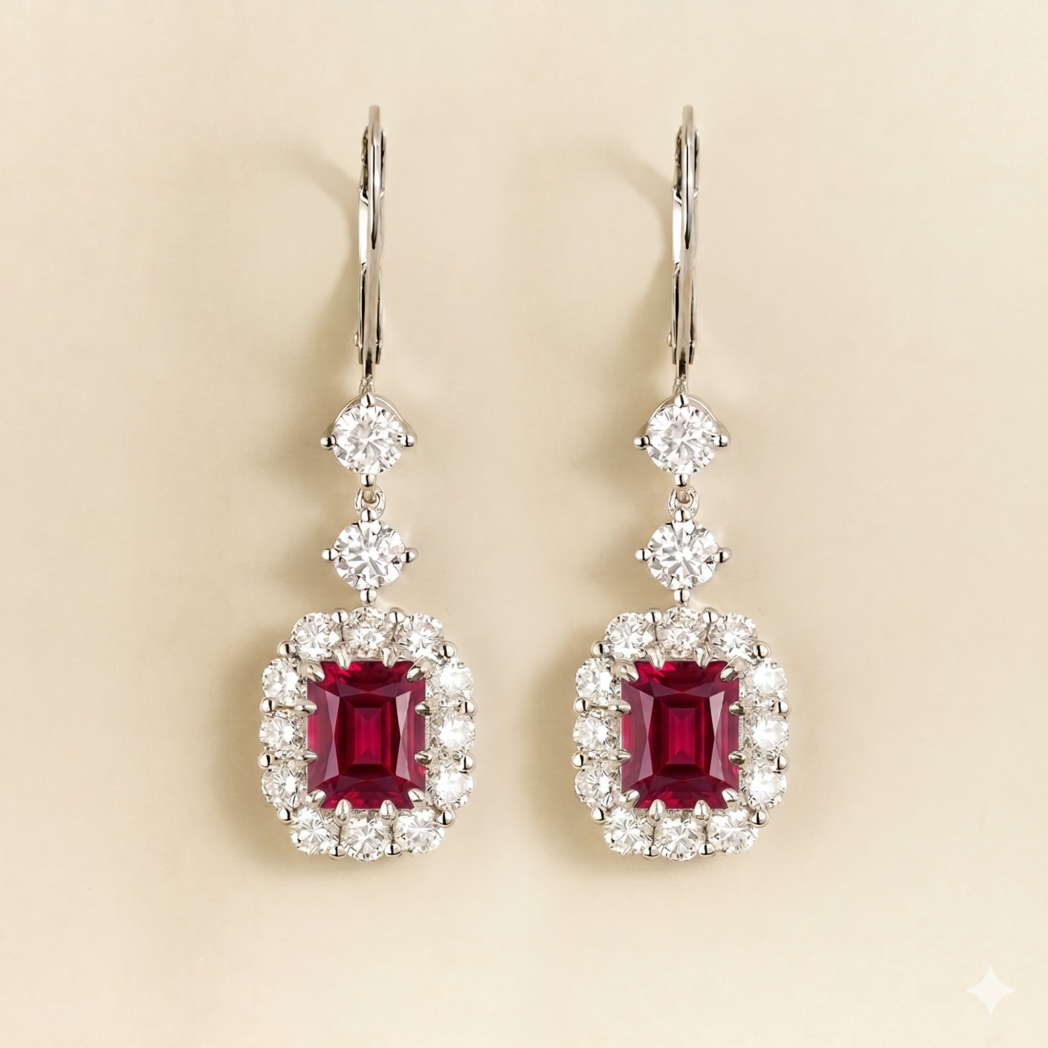 Pippa Emerald Cut Ruby & Diamond Halo Dangle Drop Earrings in White Gold