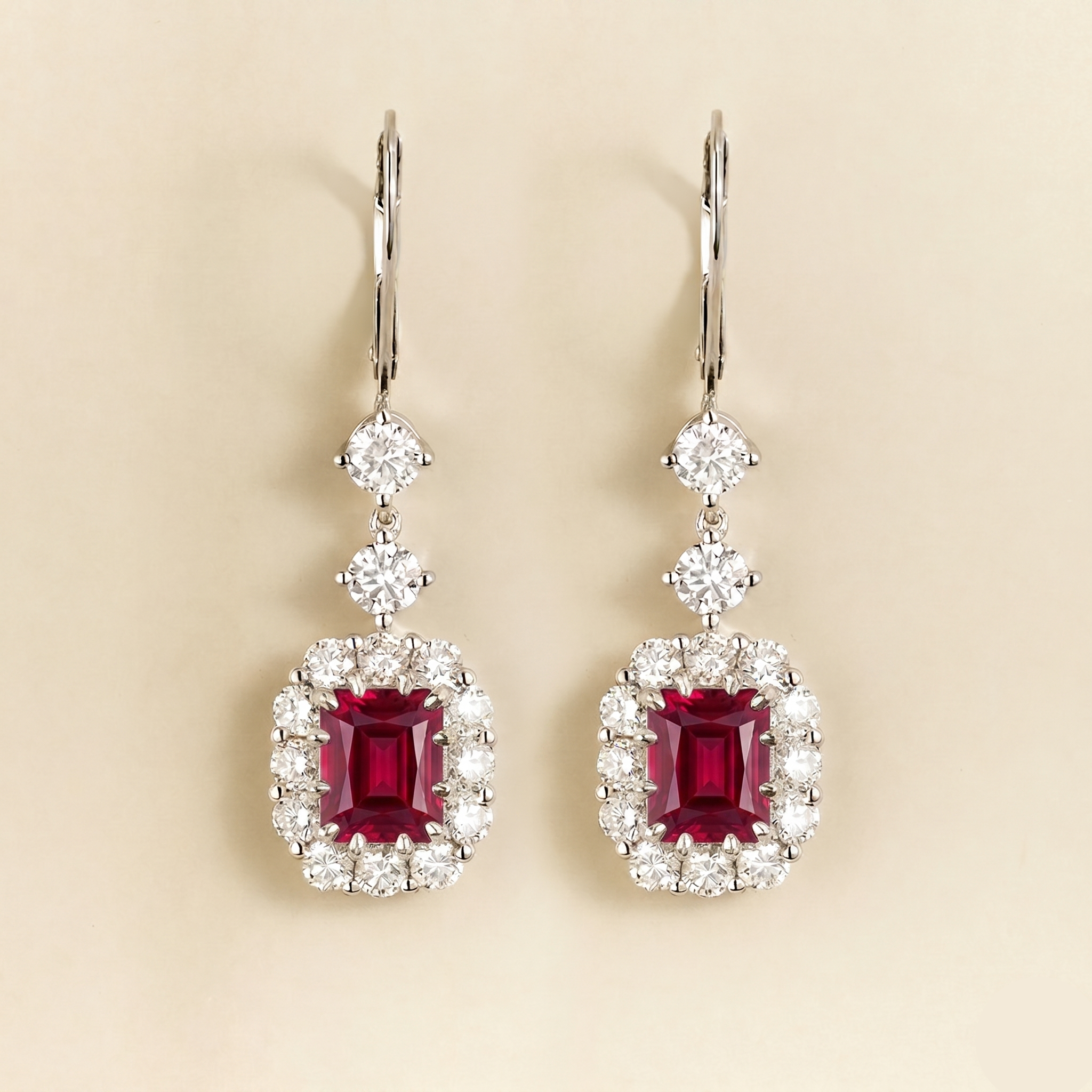 Pippa Emerald Cut Ruby & Diamond Halo Dangle Drop Earrings in White Gold