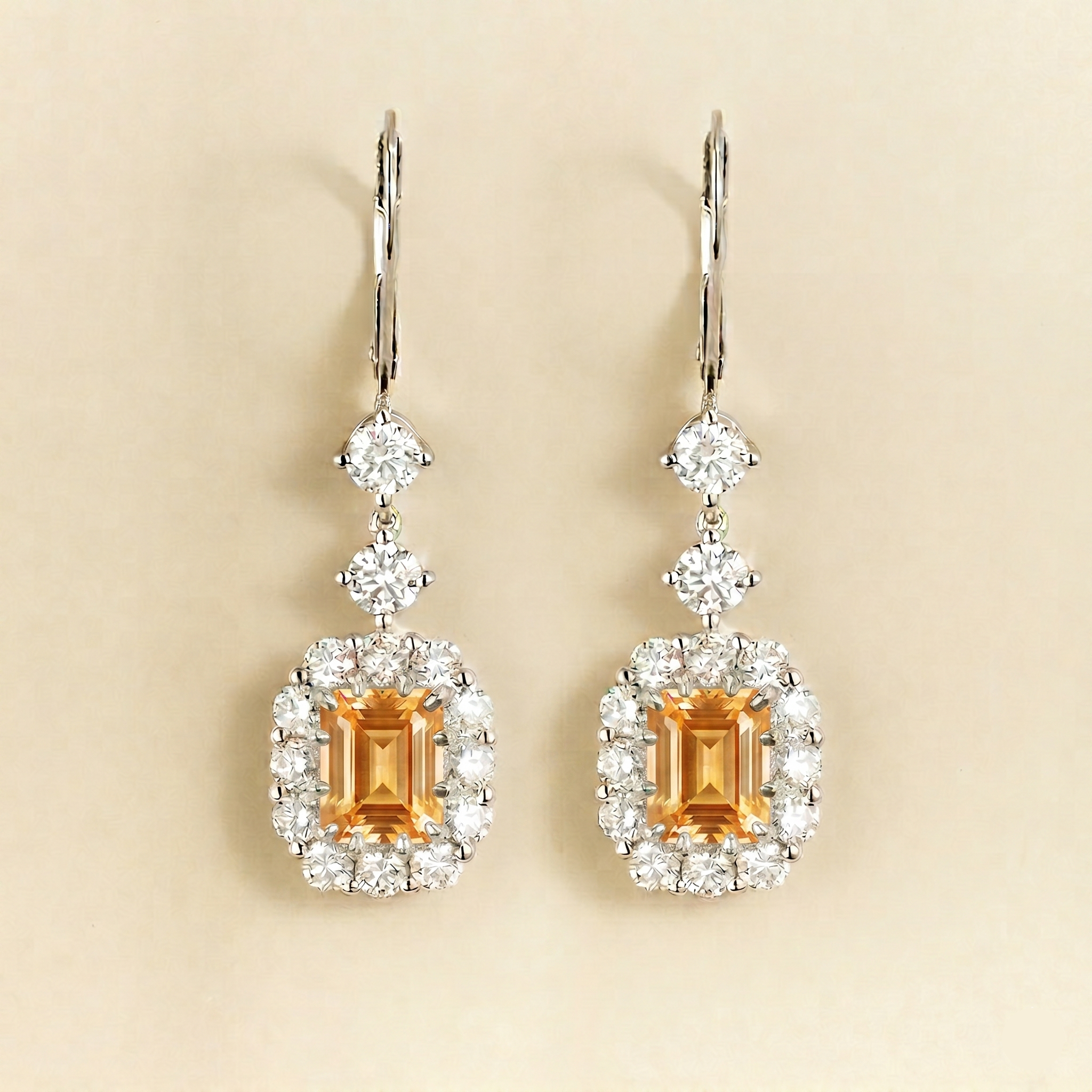 Pippa Emerald Cut Yellow Sapphire & Diamond Halo Dangle Drop Earrings in White Gold