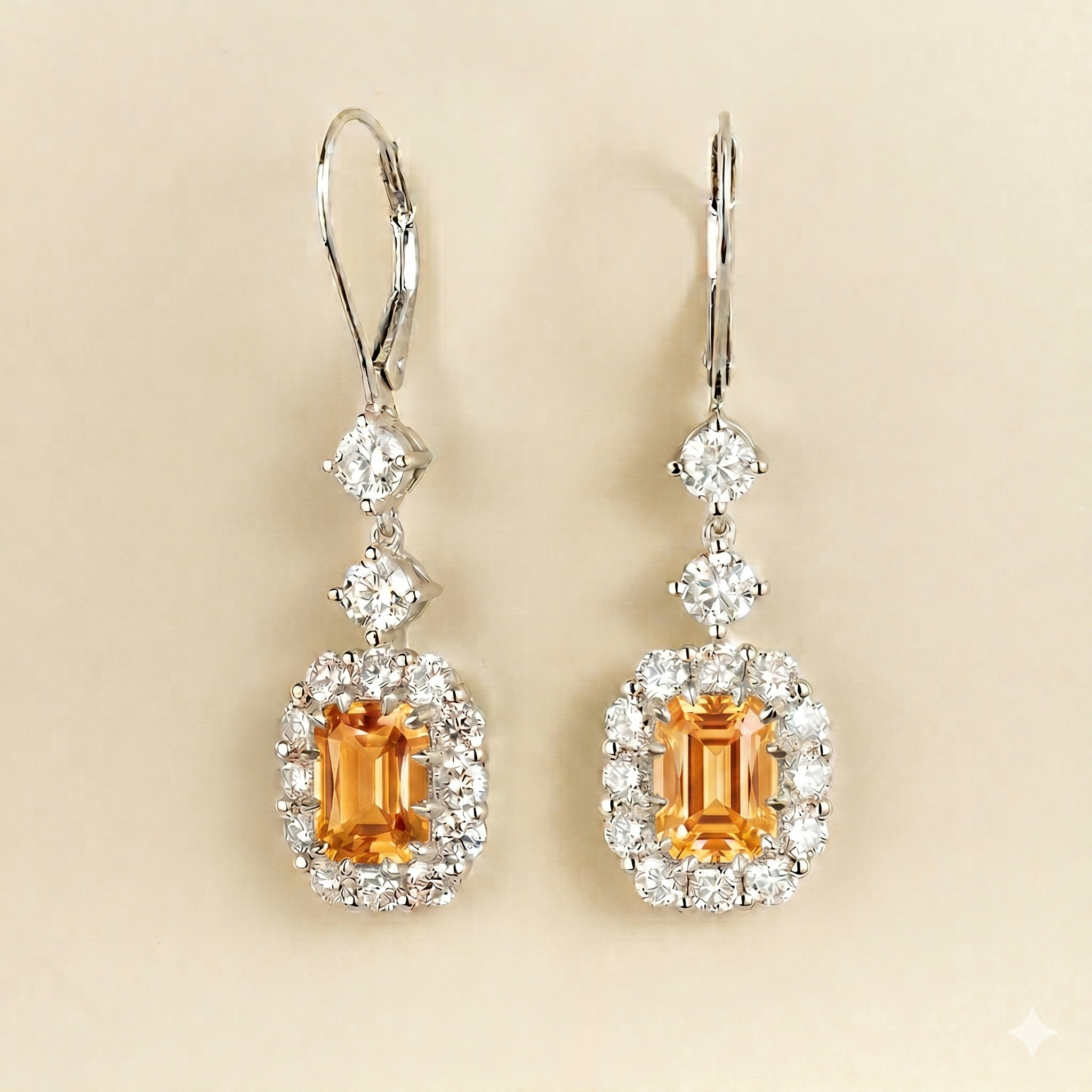 Pippa Emerald Cut Yellow Sapphire & Diamond Halo Dangle Drop Earrings in White Gold
