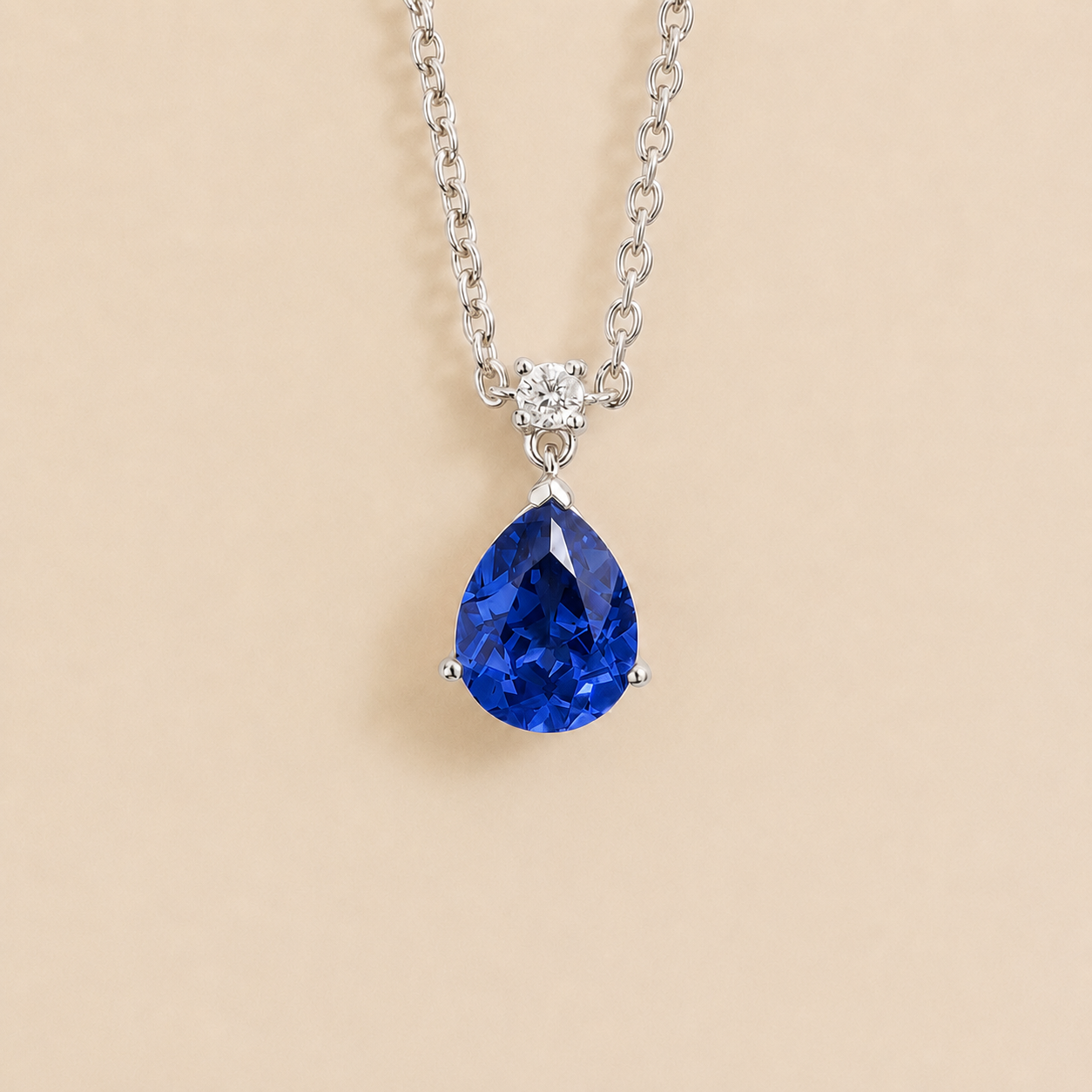 Pisa Blue Sapphire & Diamond Pear Drop Pendant Necklace In White Gold - Medium