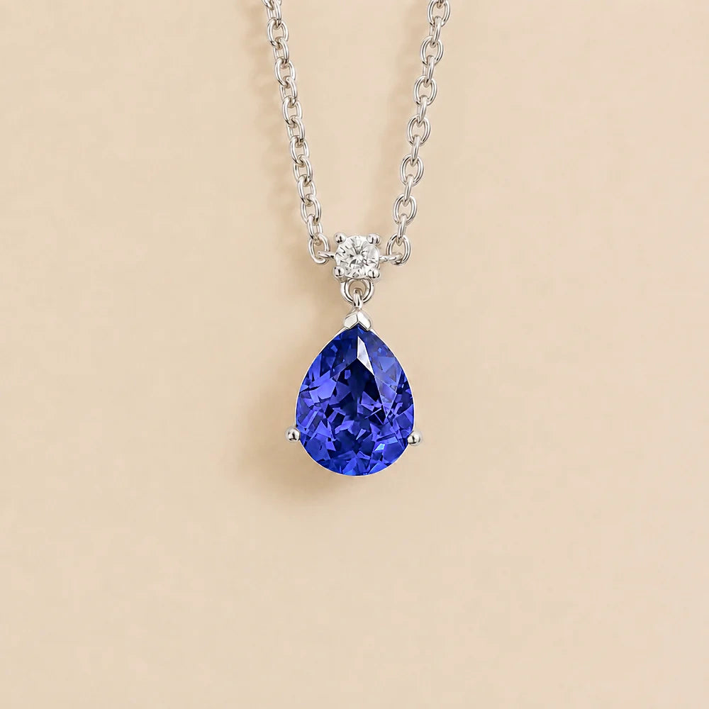 Pisa Royal Blue Sapphire & Diamond Pear Drop Pendant Necklace In White Gold - Medium