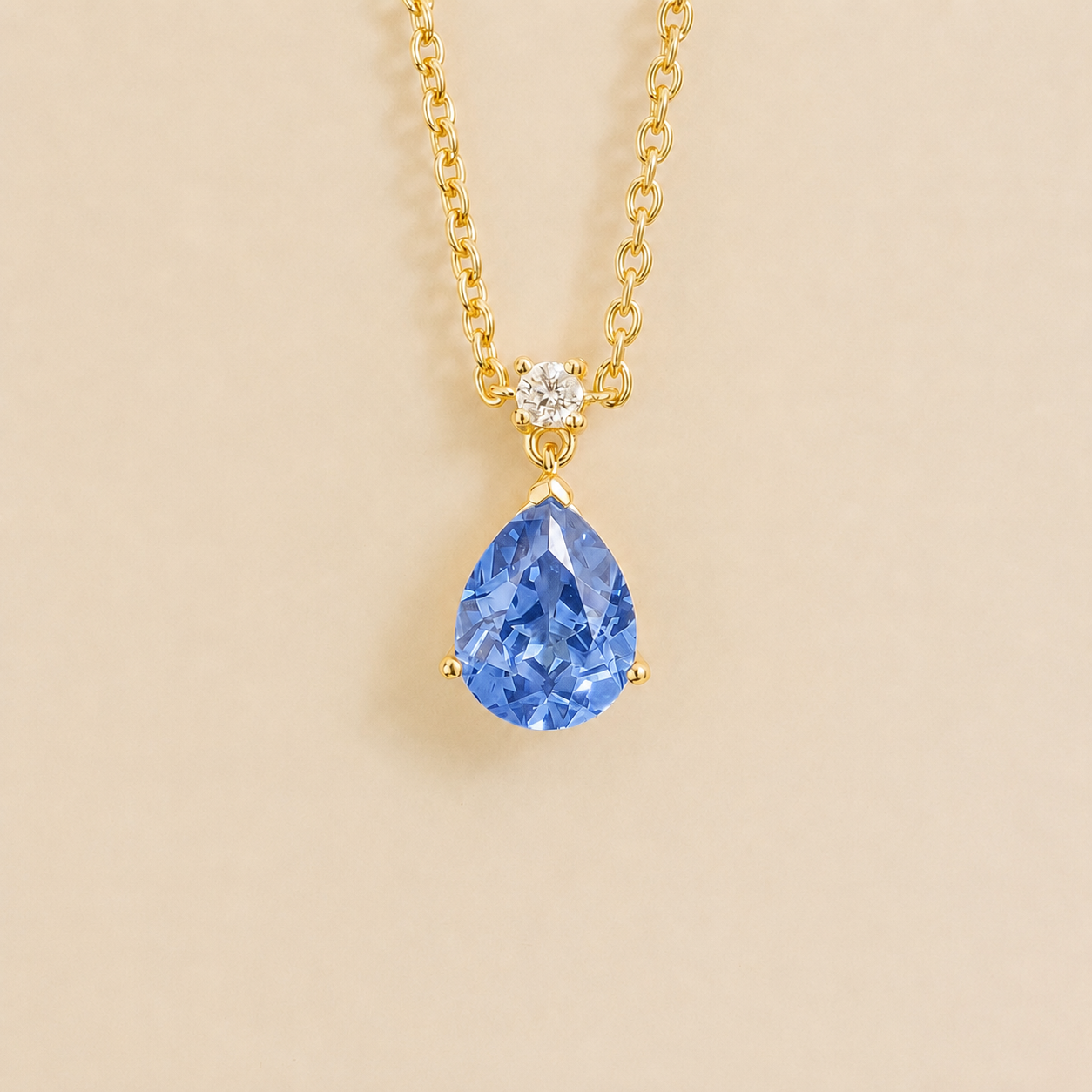 Pisa Light Blue Sapphire & Diamond Pear Drop Pendant Necklace In Gold - Medium