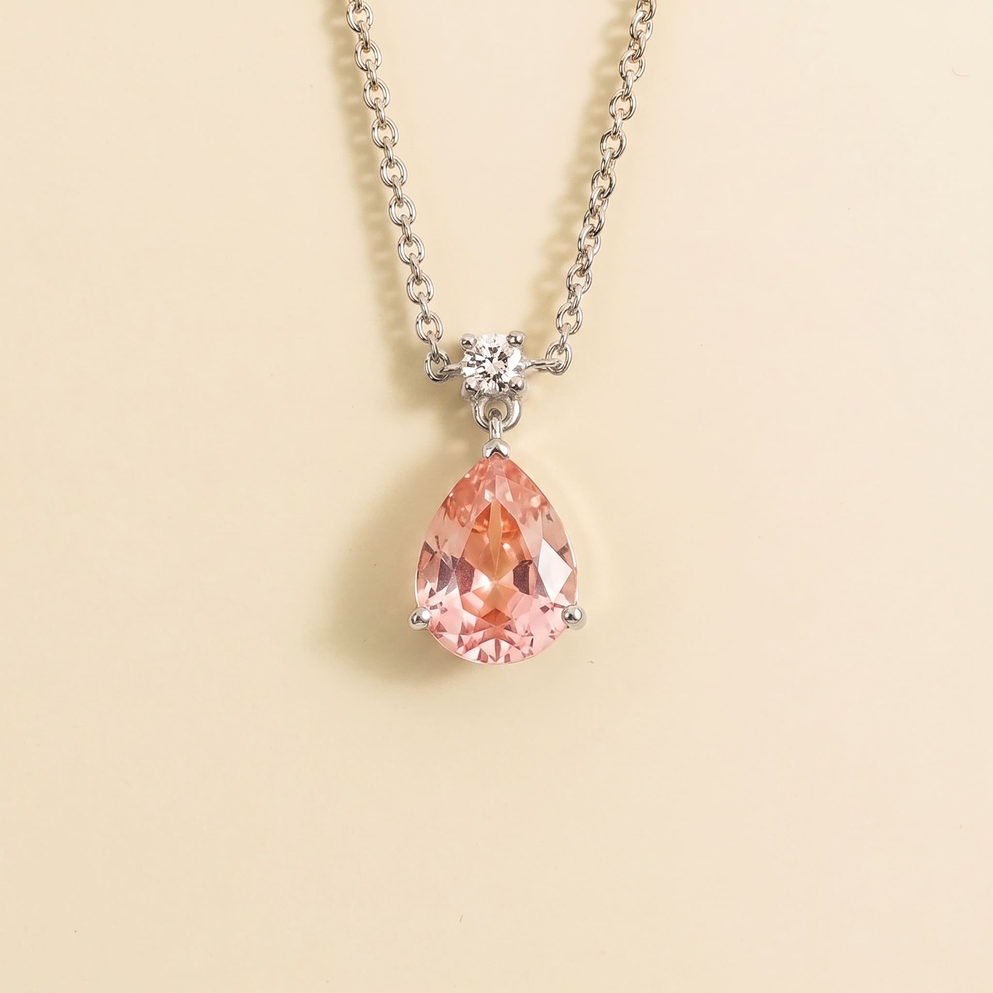 Pisa Padparadscha Sapphire & Diamond Pear Drop Pendant Necklace In White Gold - Medium
