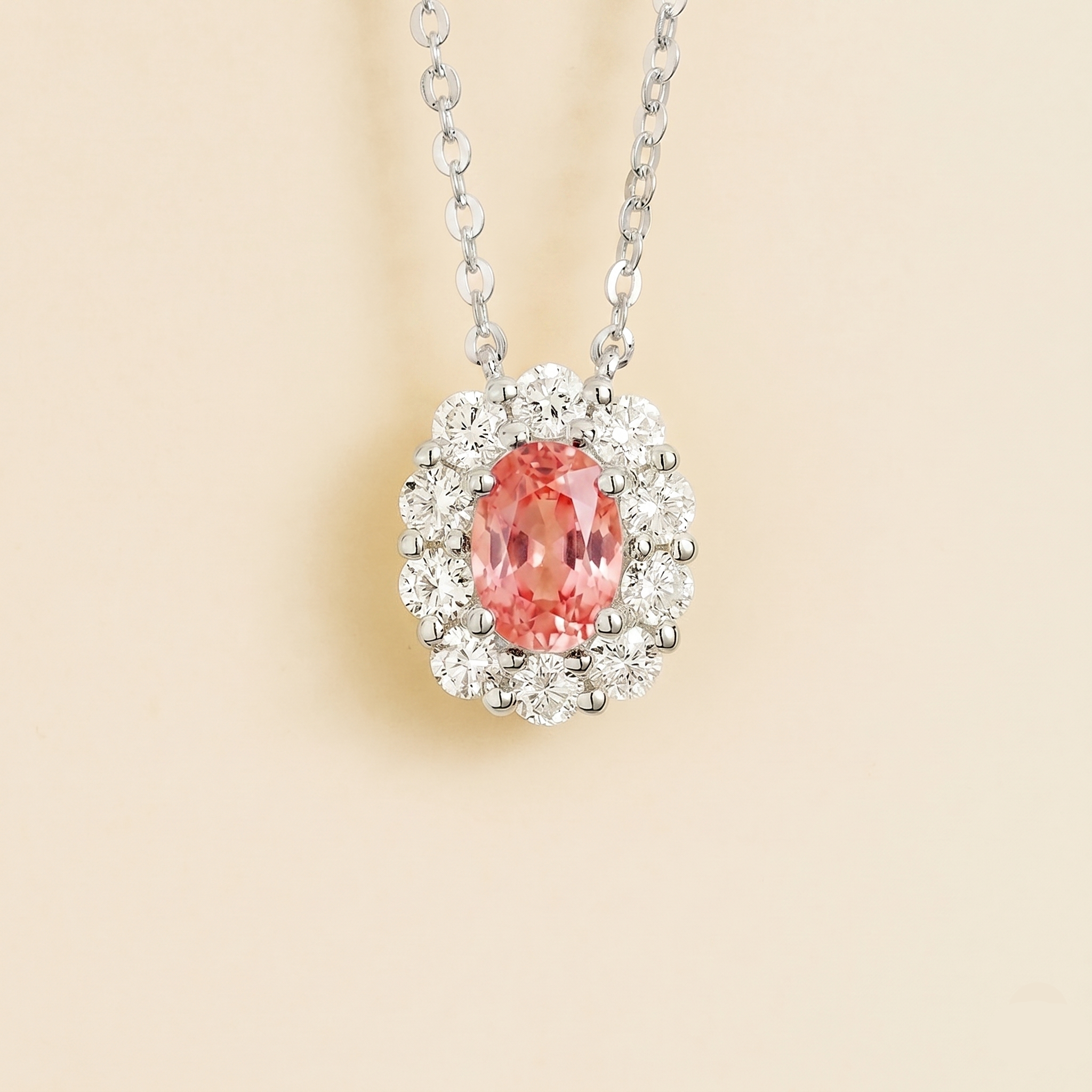 Prill Padparadscha Sapphire Oval & Diamond Halo Necklace In White Gold