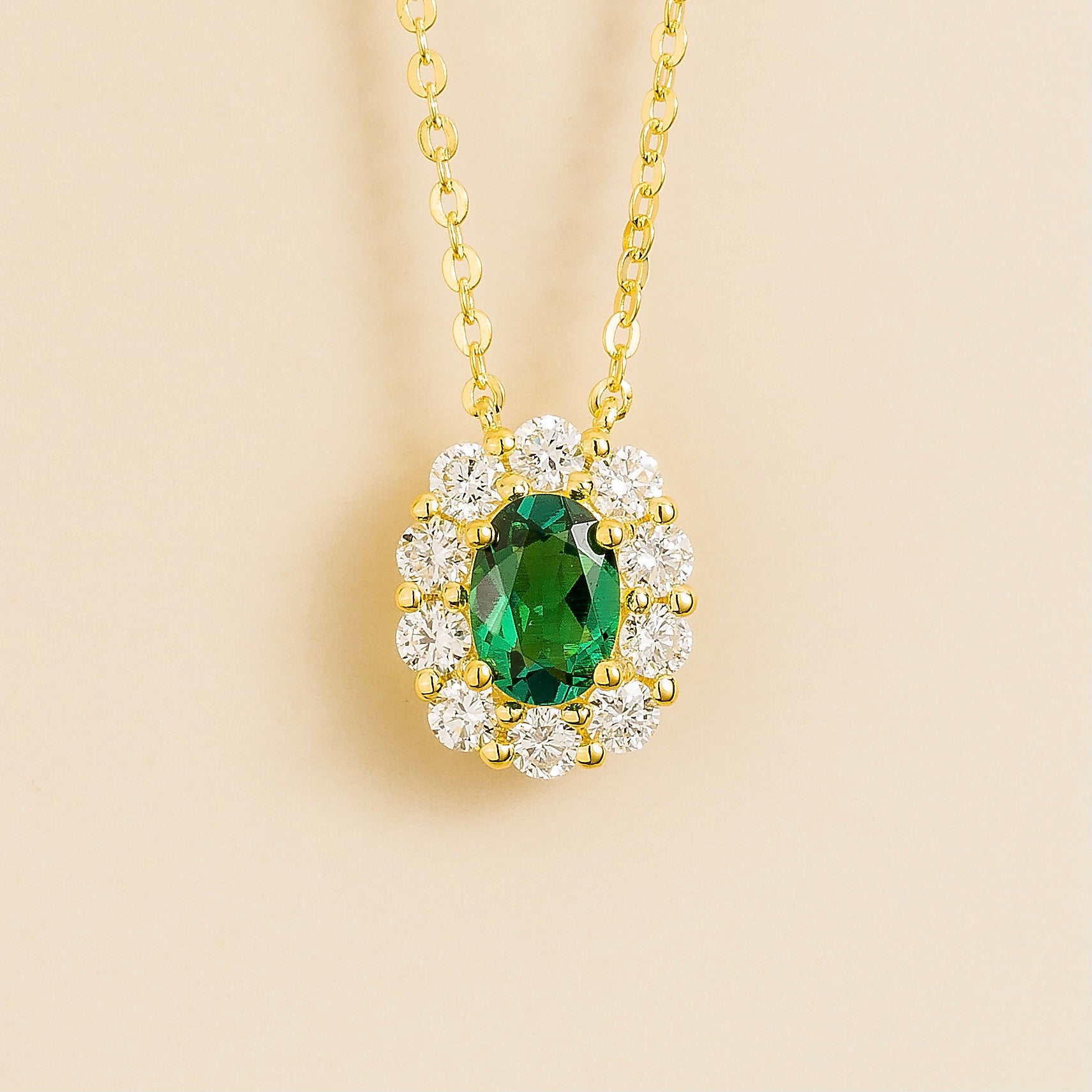 Prill emerald & diamond halo gold necklace
