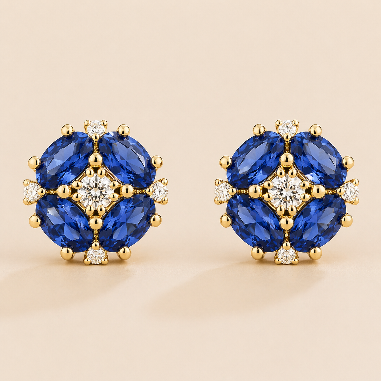 Pristi Oval Blue Sapphire & Diamond Cluster Earrings in Gold