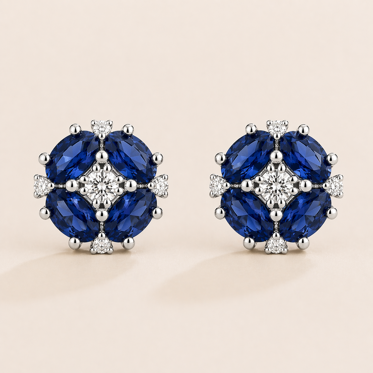 Pristi Oval Blue Sapphire & Diamond Cluster Earrings in White Gold