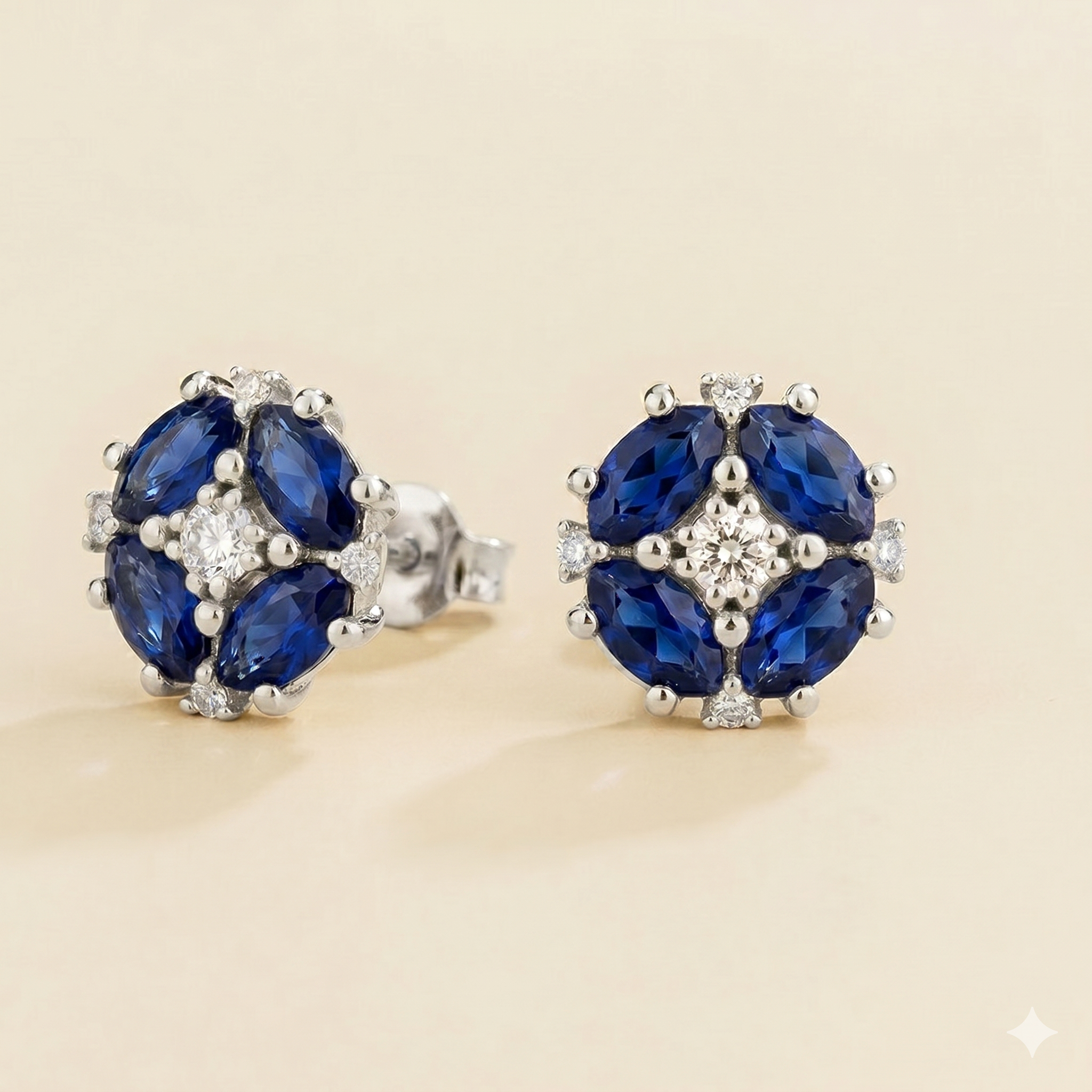 Pristi Oval Blue Sapphire & Diamond Cluster Earrings in White Gold