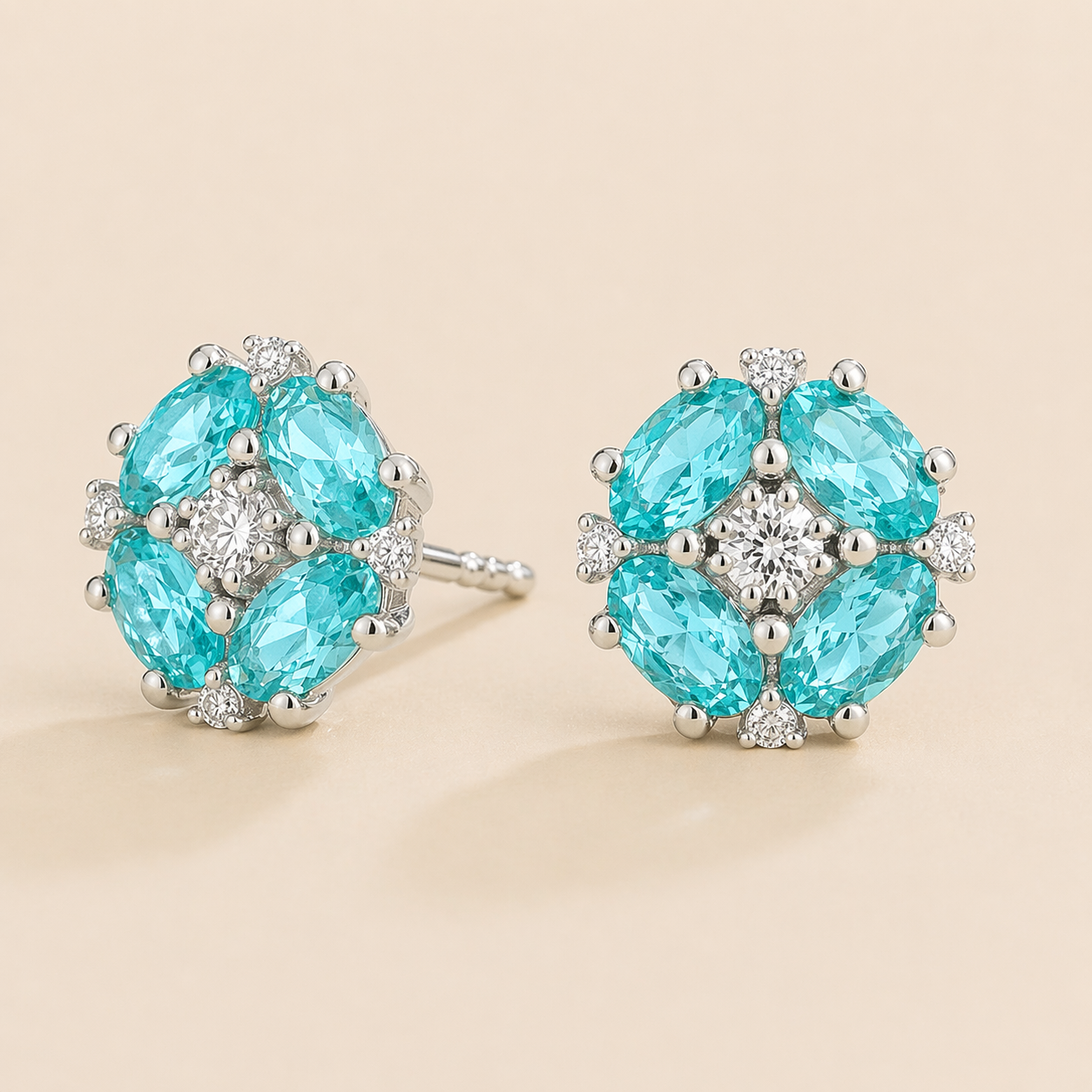 Pristi Oval Paraiba & Diamond Cluster Earrings in White Gold
