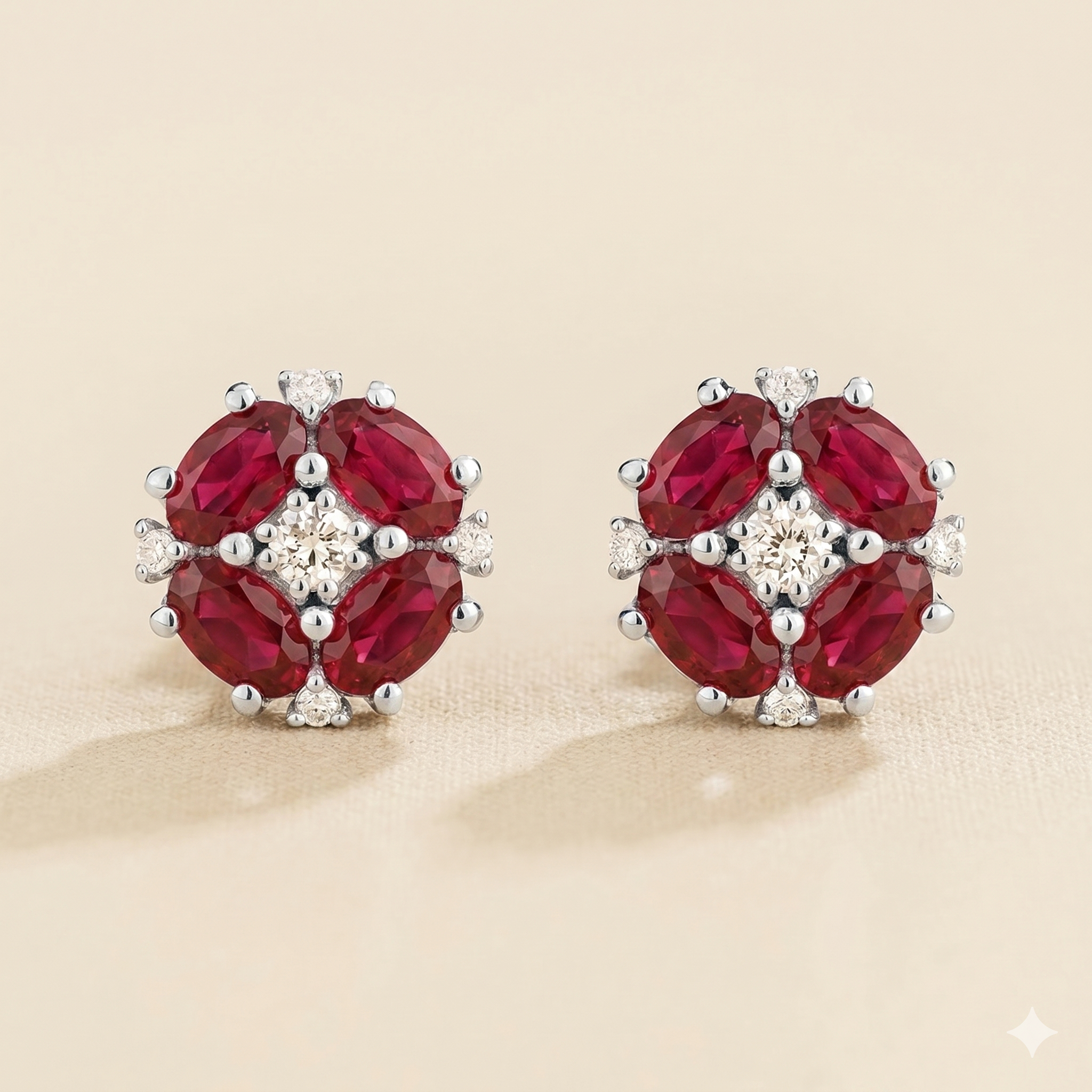 Pristi Oval Ruby & Diamond Cluster Earrings in White Gold