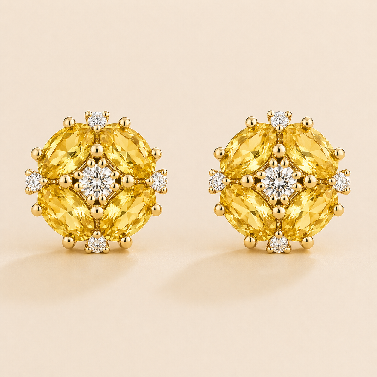 Pristi Oval Yellow Sapphire & Diamond Cluster Earrings in Gold